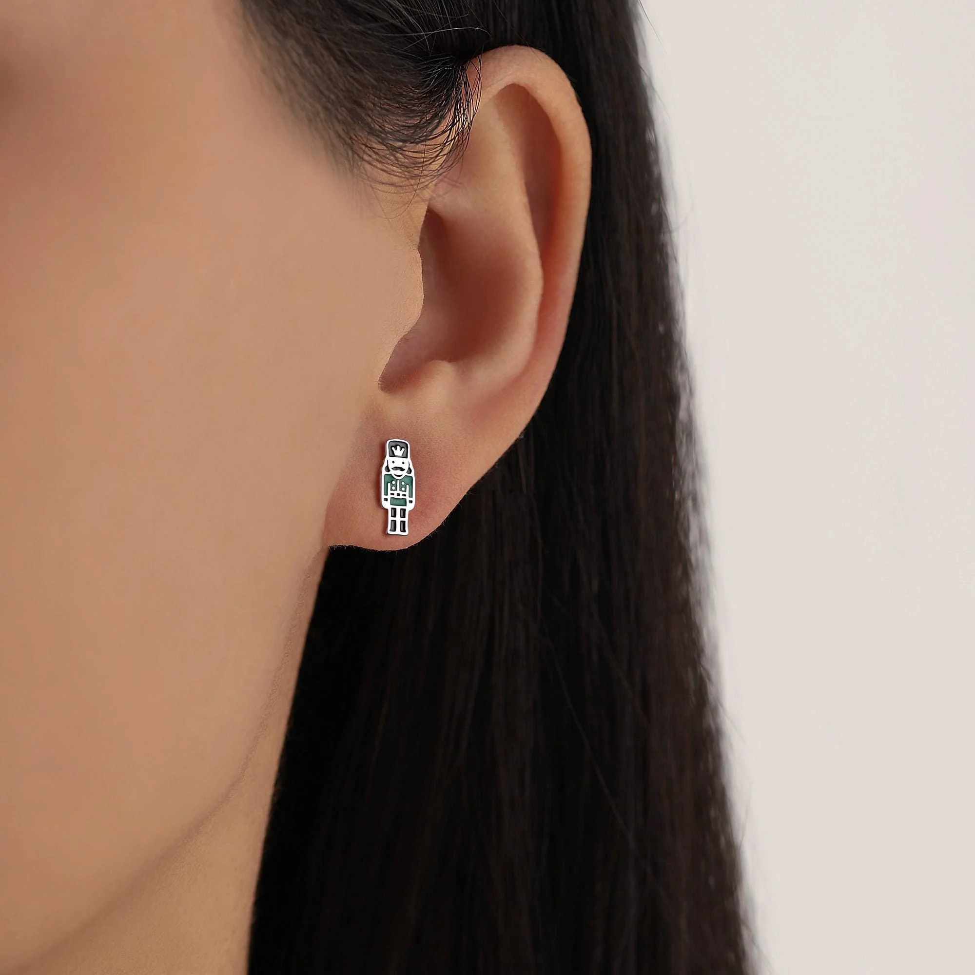 Sterling Silver Mismatched Nutcracker Stud Earrings - Two Styles - Silver or Gold Finish - Enamel Nutcracker Style Earrings - Image 2