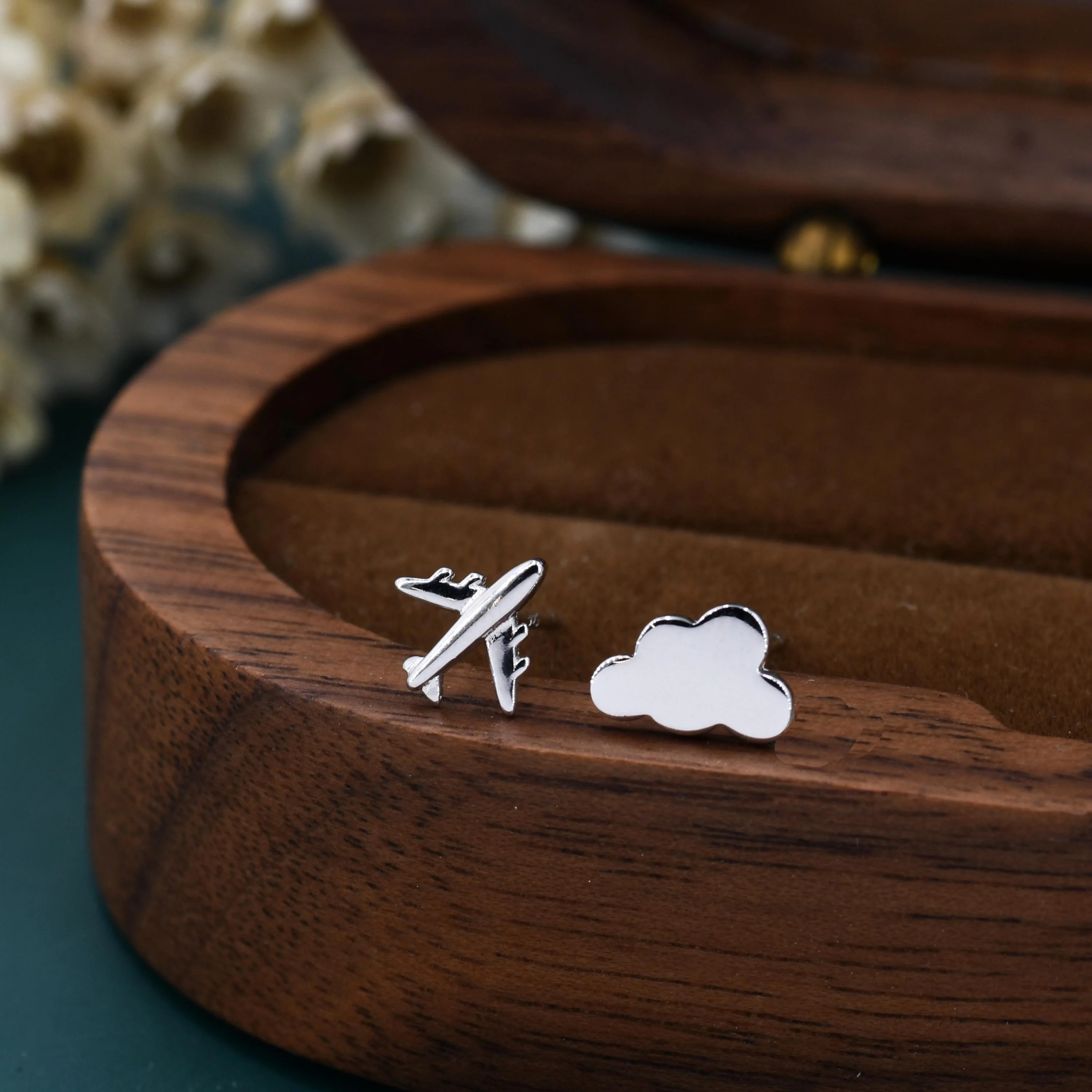 Sterling Silver Mismatched Plane and Cloud Stud Earrings, Silver or Gold, Asymmetric Cloud and Airplane Earrings - Image 2
