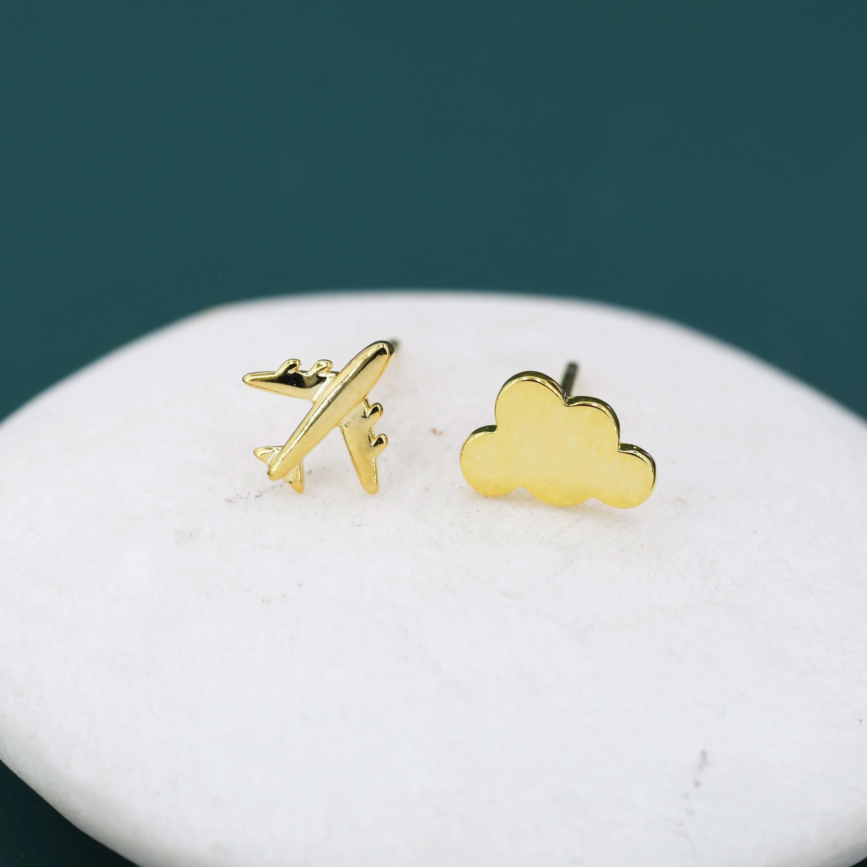 Sterling Silver Mismatched Plane and Cloud Stud Earrings, Silver or Gold, Asymmetric Cloud and Airplane Earrings - Image 4