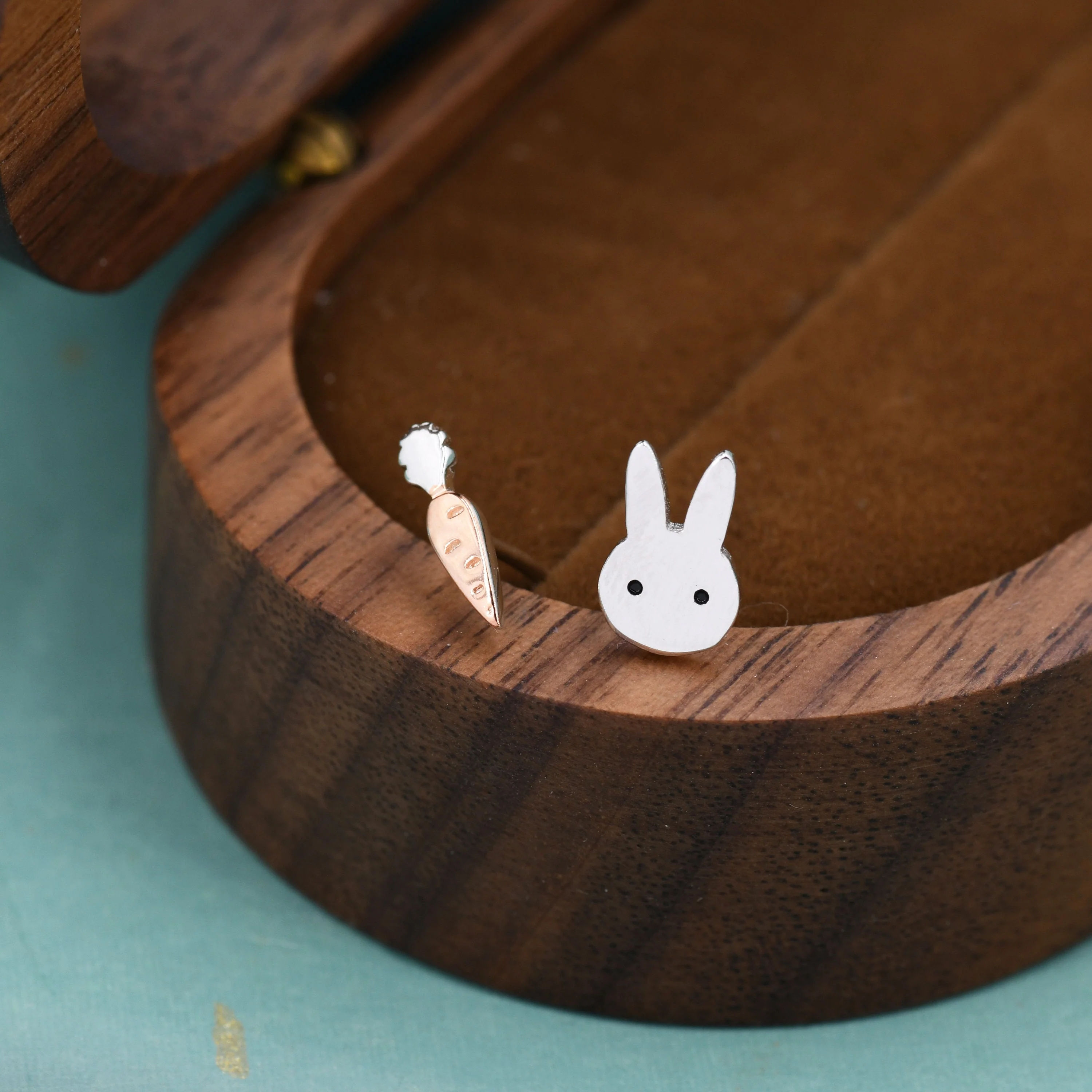 Sterling Silver Mismatched Rabbit and Carrot Stud Earrings, Dainty Asymmetric Cute Bunny and Carrot Earrings - Image 5