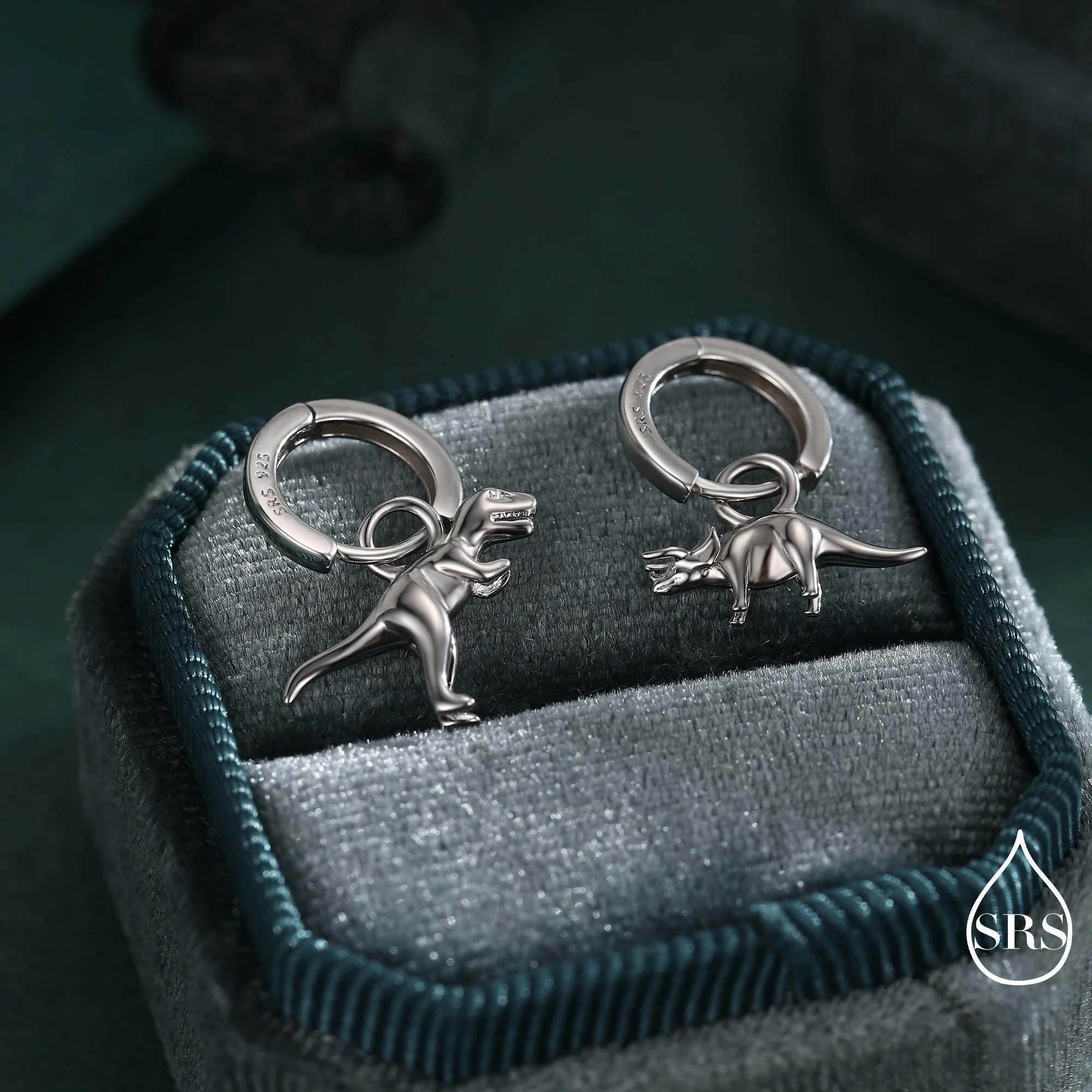 Sterling Silver Mismatched T-Rex and Triceratops Hoop Earrings – Dinosaur Jewellery for Prehistoric Lovers, with Detachable Charms - Image 2