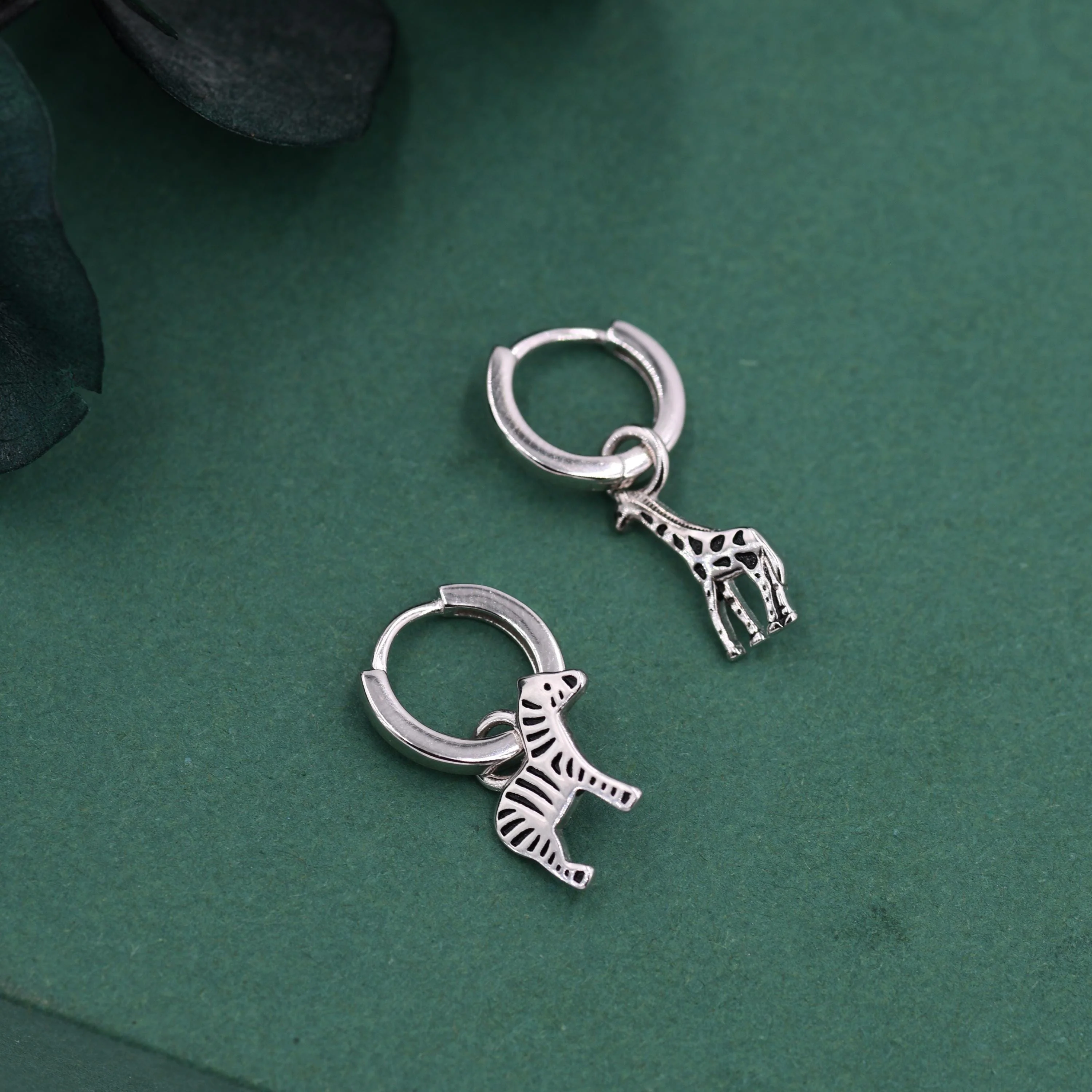 Sterling Silver Mismatched Zebra and Giraffe Hoop Earrings – Safari Animal Jewellery for Nature Lovers, Detachable Hoops - Image 9