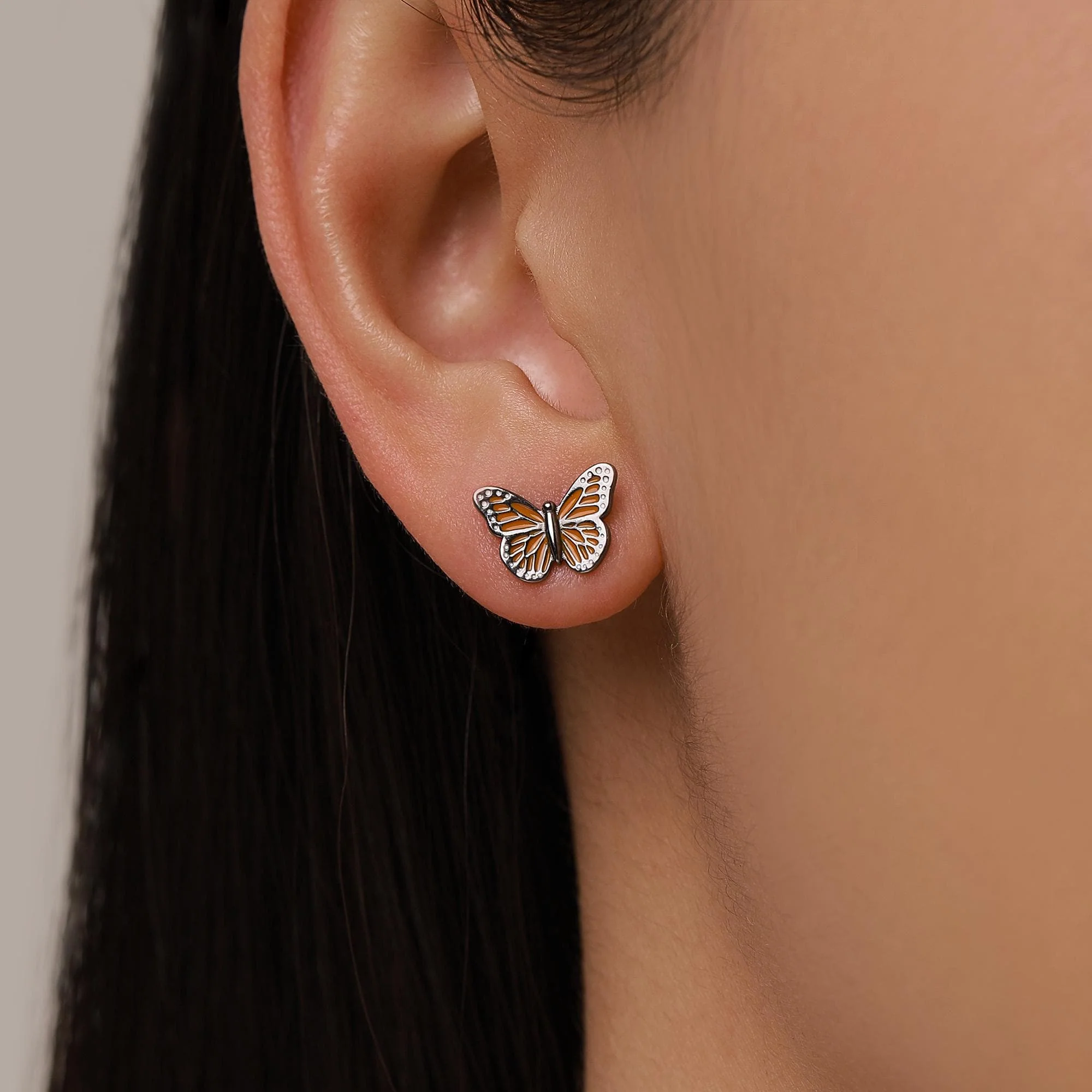 Sterling Silver Monarch Butterfly Stud Earrings - Image 2