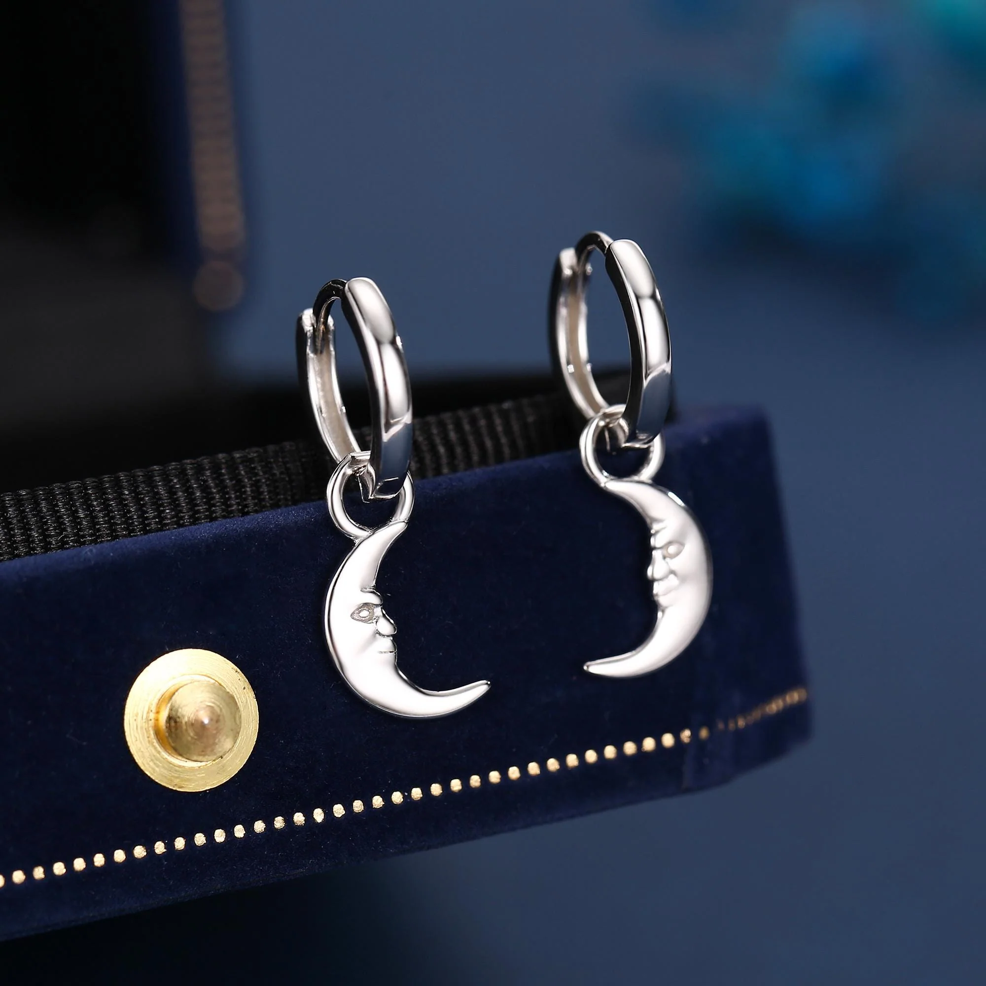 Sterling Silver Moon Face Hoop Earrings, Detachable Charm Dangle Hoop Earrings, Silver or Gold, Interchangeable Charms - Image 2
