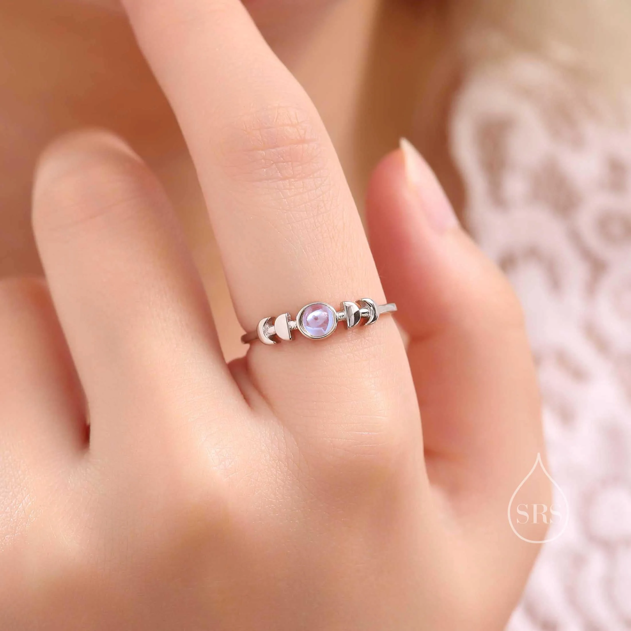 Sterling Silver Moon Phase Ring with Simulated Moonstone, Adjustable Size, Celestial Jewellery, Dainty and Delicate, Moon Ring - Image 3