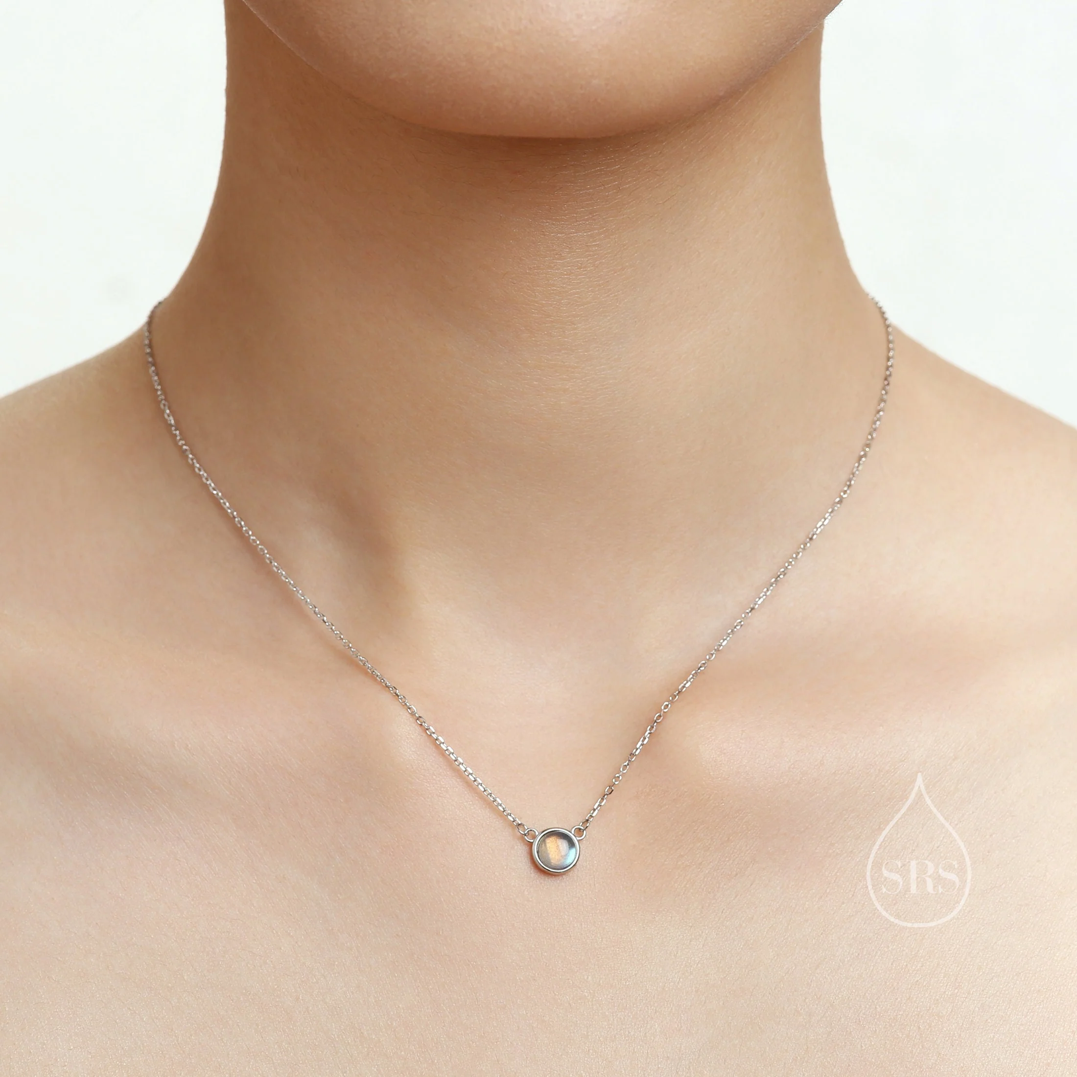Sterling Silver Moonstone Dainty Coin Pendant Necklace - Delicate Lab Moonstone Coin Necklace - Image 6