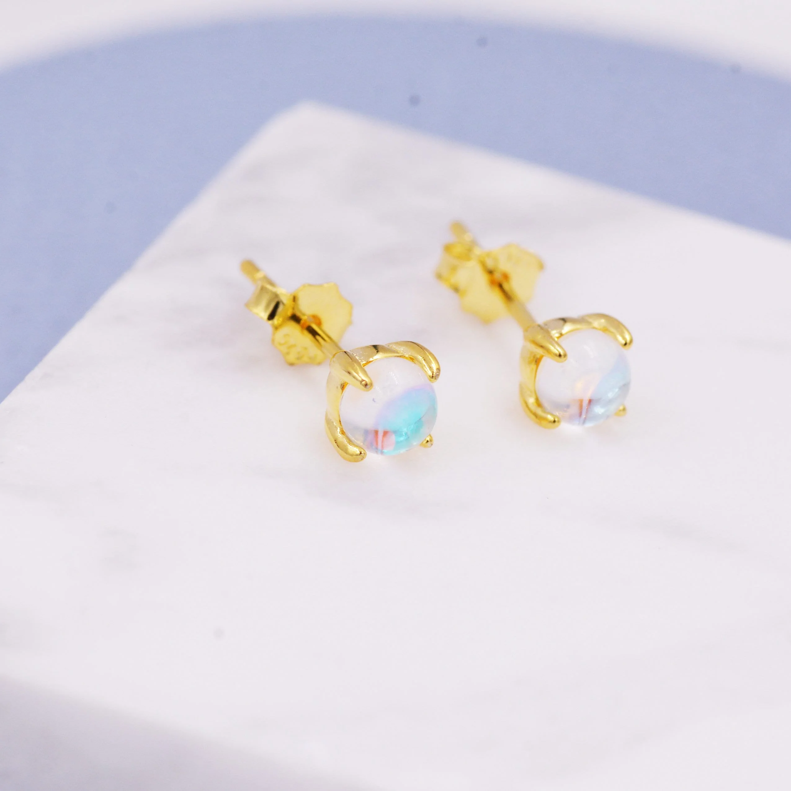 Sterling Silver Moonstone Glass Tiny Stud Earrings, Mermaid Tears, Simulated Moonstone Crystal Earrings, Minimalist and Discreet - Image 3