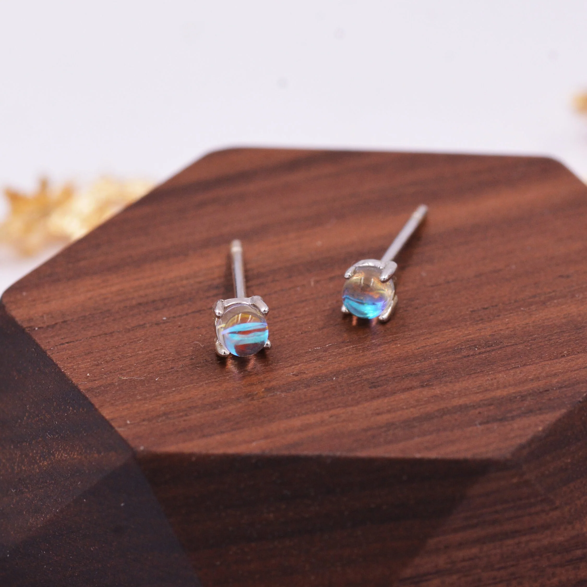 Sterling Silver Moonstone Glass Tiny Stud Earrings, Mermaid Tears, Simulated Moonstone Crystal Earrings, Minimalist and Discreet - Image 4