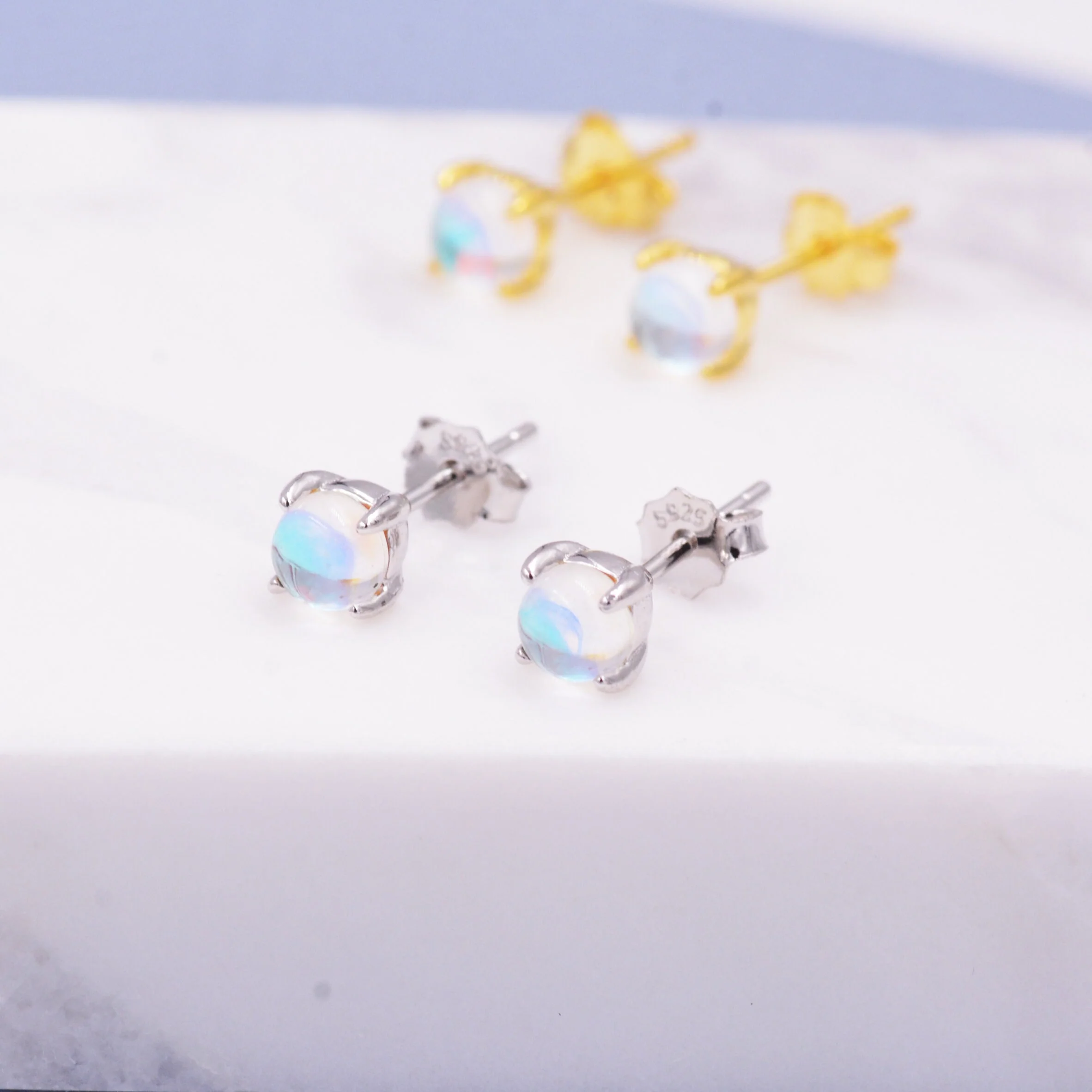 Sterling Silver Moonstone Glass Tiny Stud Earrings, Mermaid Tears, Simulated Moonstone Crystal Earrings, Minimalist and Discreet - Image 5