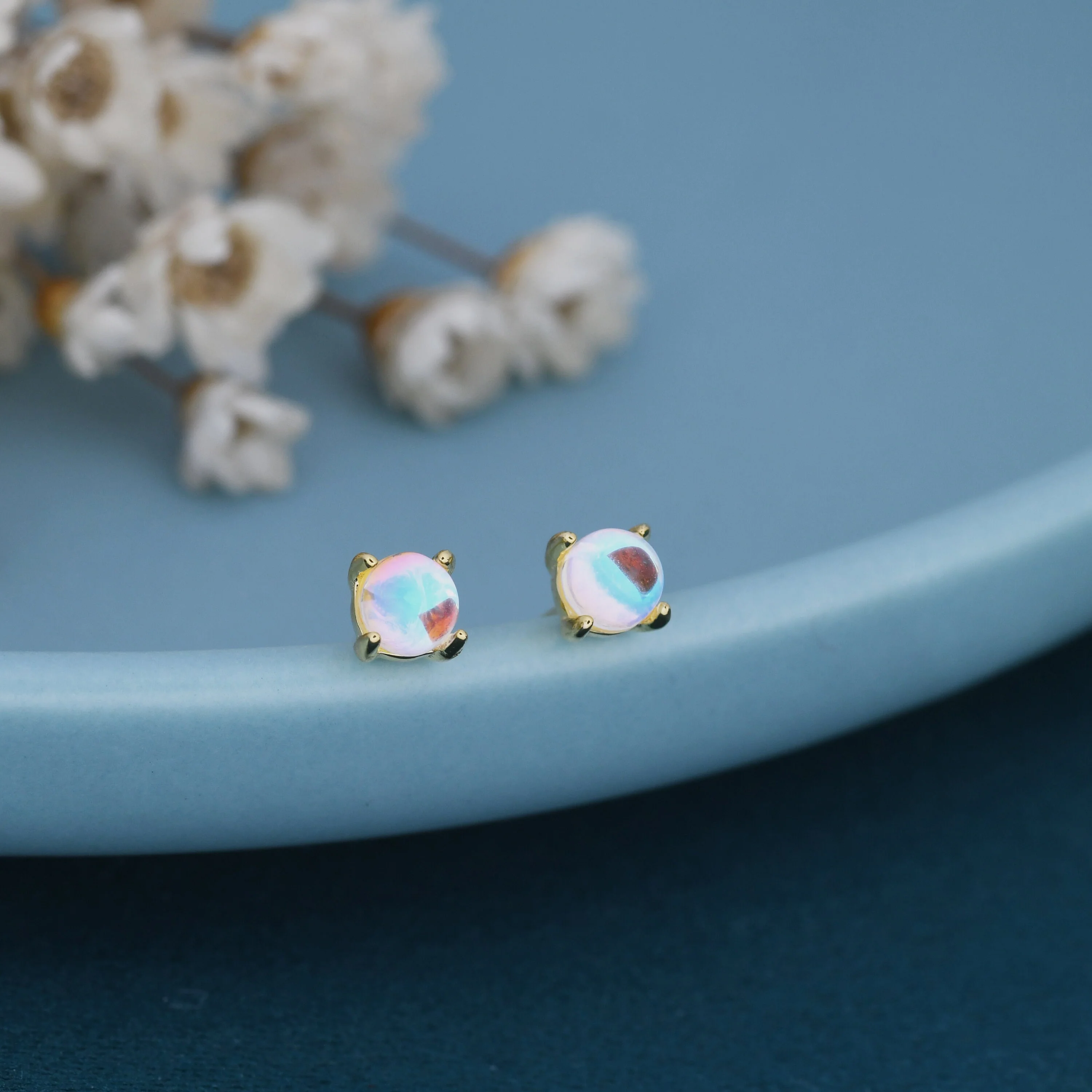 Sterling Silver Moonstone Glass Tiny Stud Earrings, Mermaid Tears, Simulated Moonstone Crystal Earrings, Minimalist and Discreet - Image 6