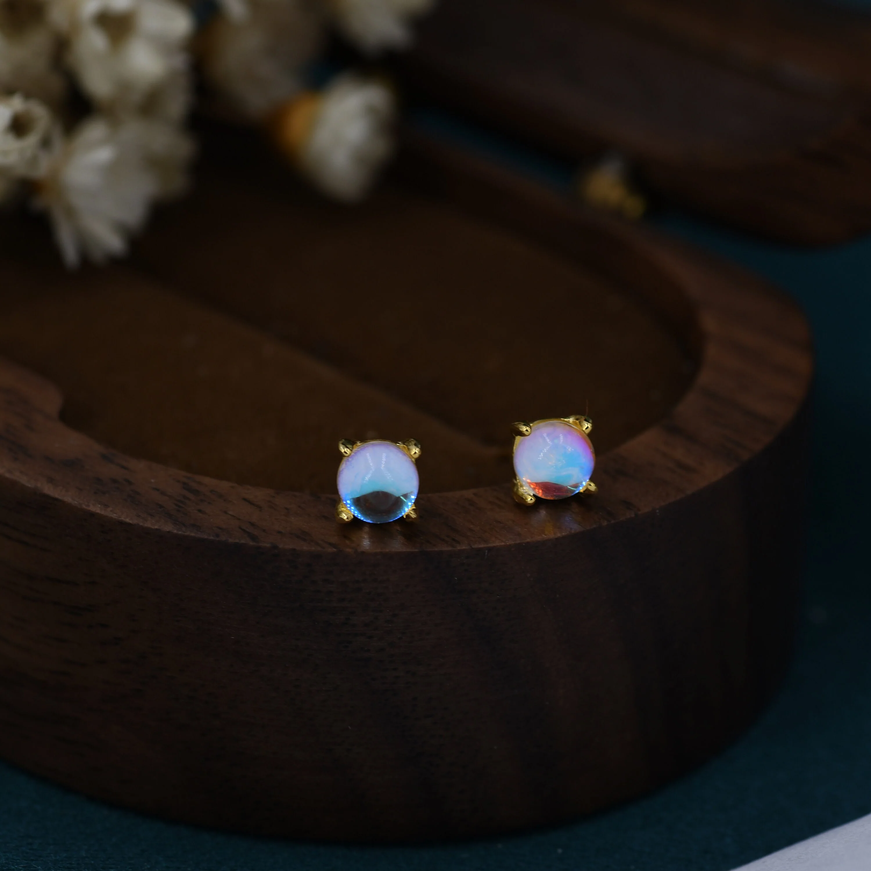 Sterling Silver Moonstone Glass Tiny Stud Earrings, Mermaid Tears, Simulated Moonstone Crystal Earrings, Minimalist and Discreet - Image 7