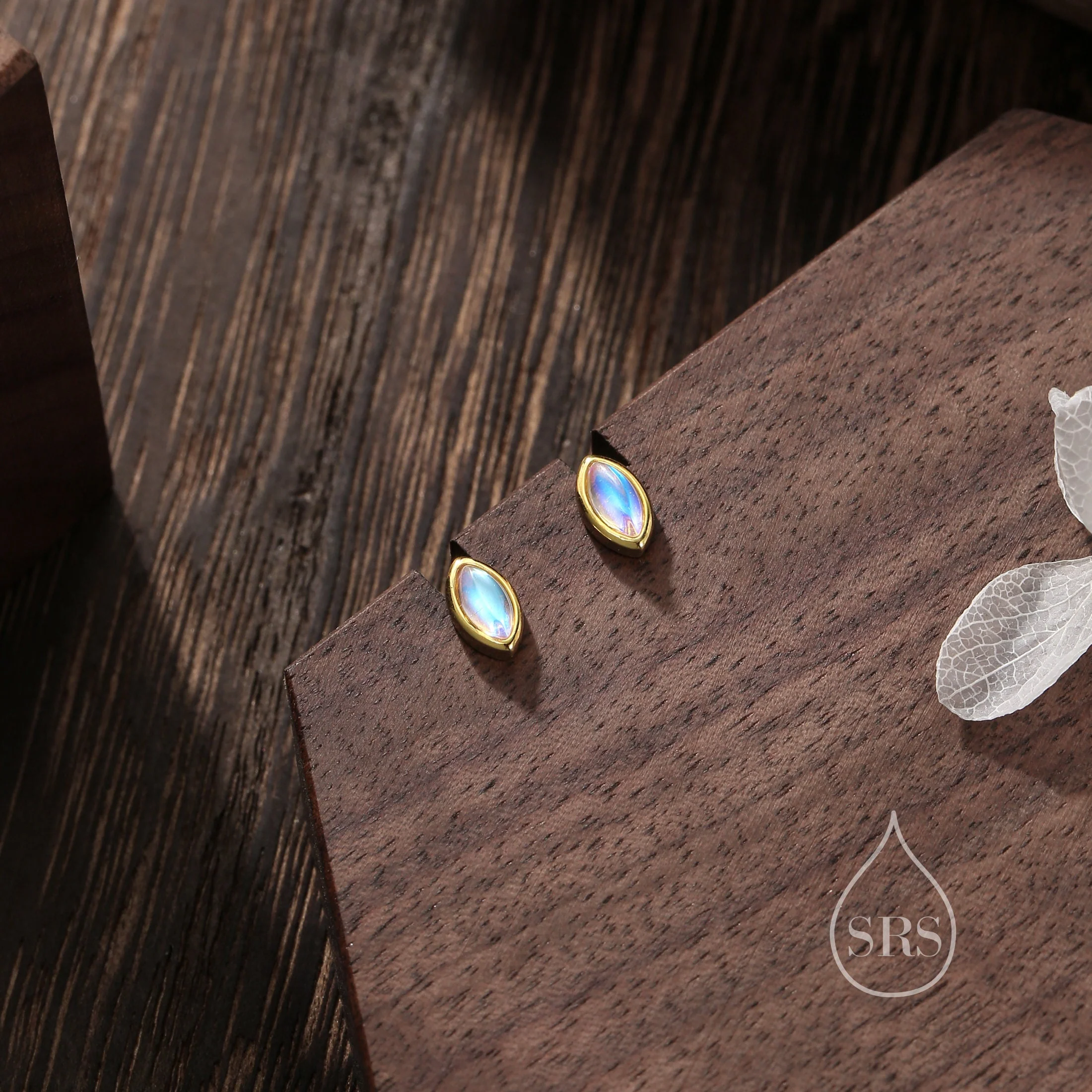 Sterling Silver Moonstone Marquise Stud Earrings, 3x6mm Marquise Stud, Lab Moonstone Earrings, Gold or Silver, Minimalist - Image 3