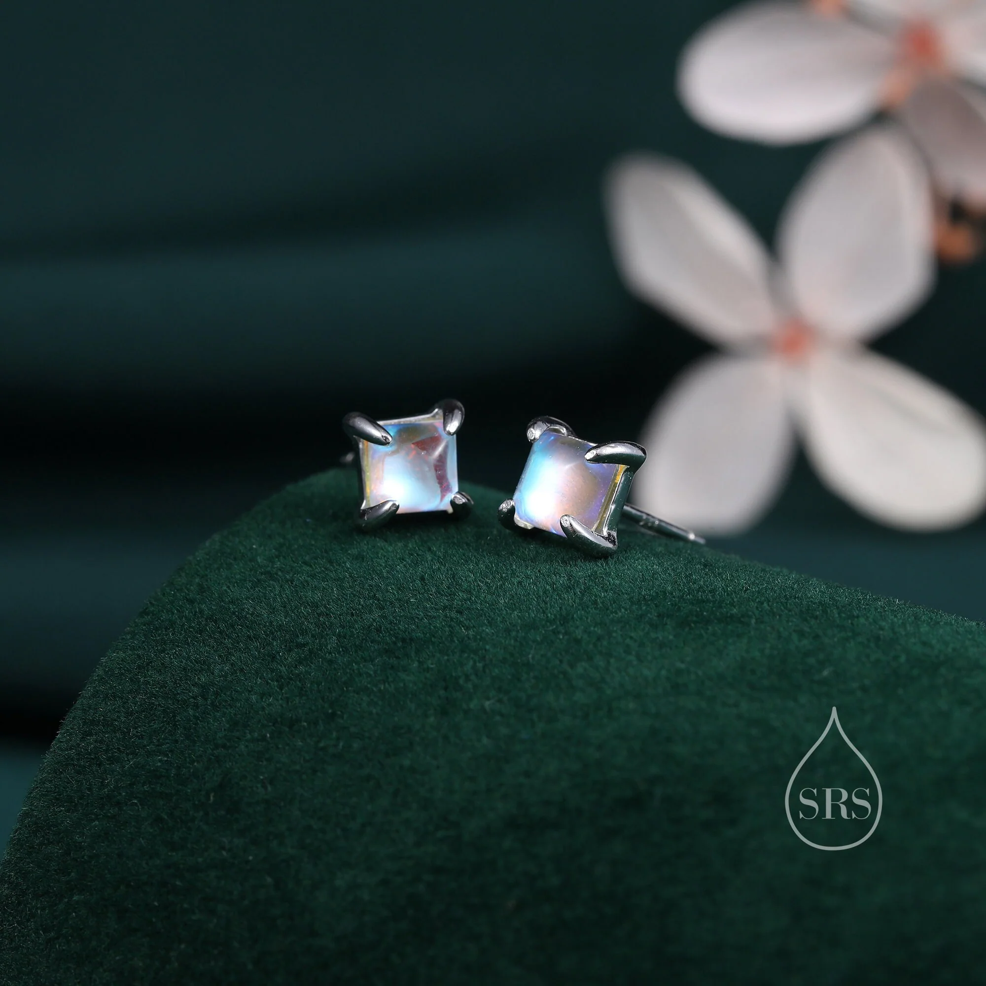 Sterling Silver Moonstone Square Stud Earrings, Prong Set, Mermaid Colour Earrings, Simulated Moonstone Glass Earrings, Minimalist - Image 2