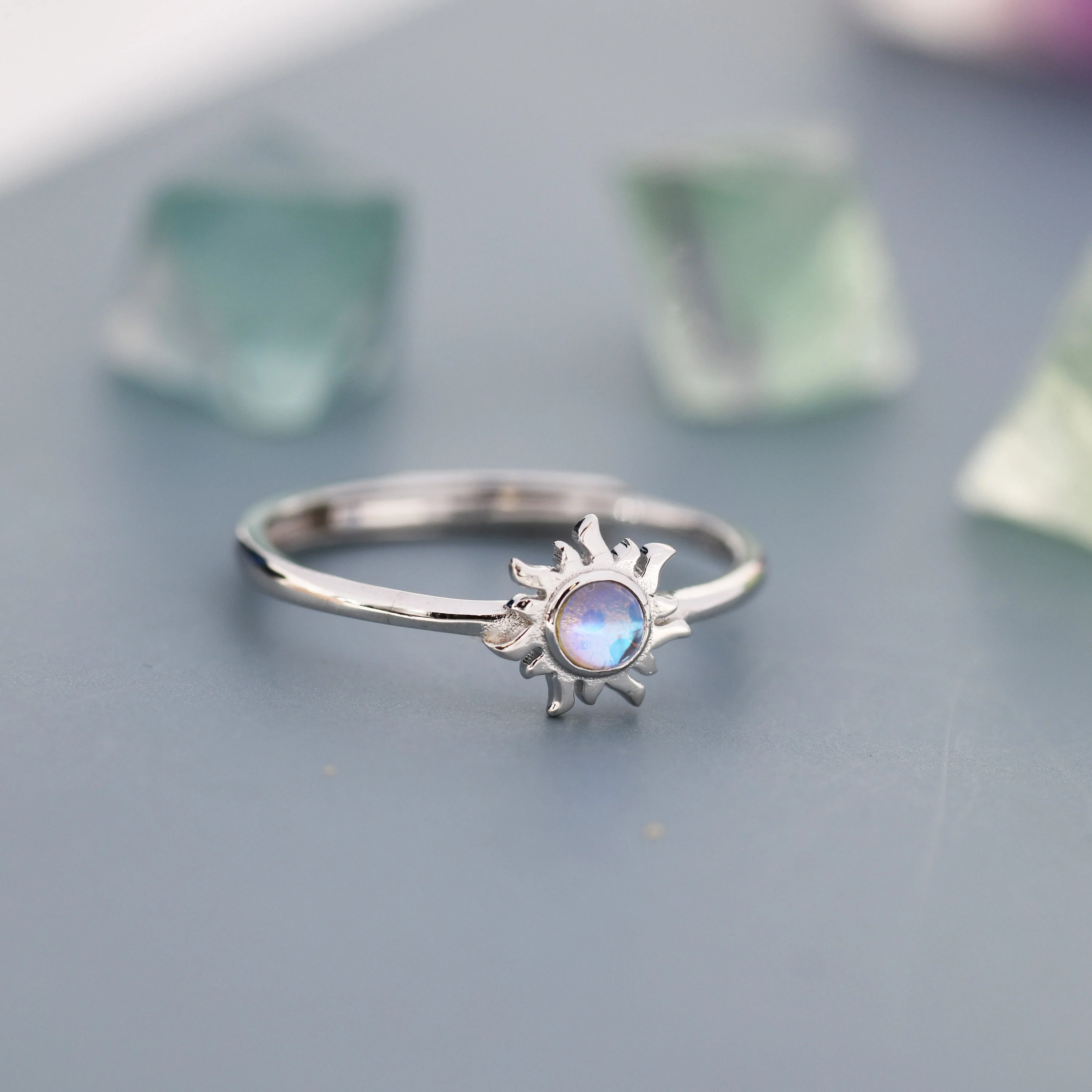 Sterling Silver Moonstone Sun Open Ring, Adjustable Size, Simulated Moonstone, Celestial Jewellery, Dainty and Delicate - Image 5
