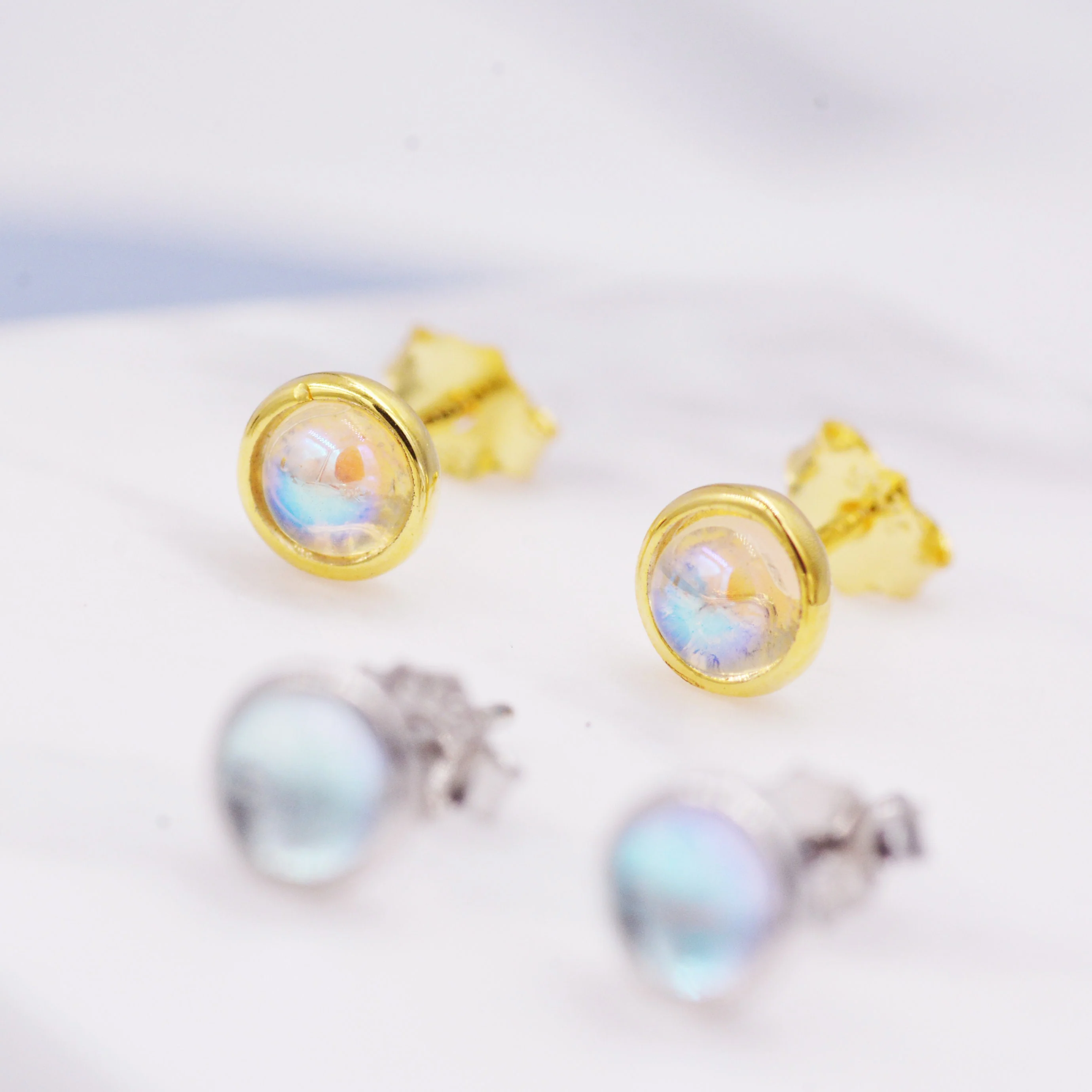Sterling Silver Moonstone Stud Earrings, Gold or Silver, 4mm Simulated Moonstone Crystal Earrings, Minimalist - Image 3