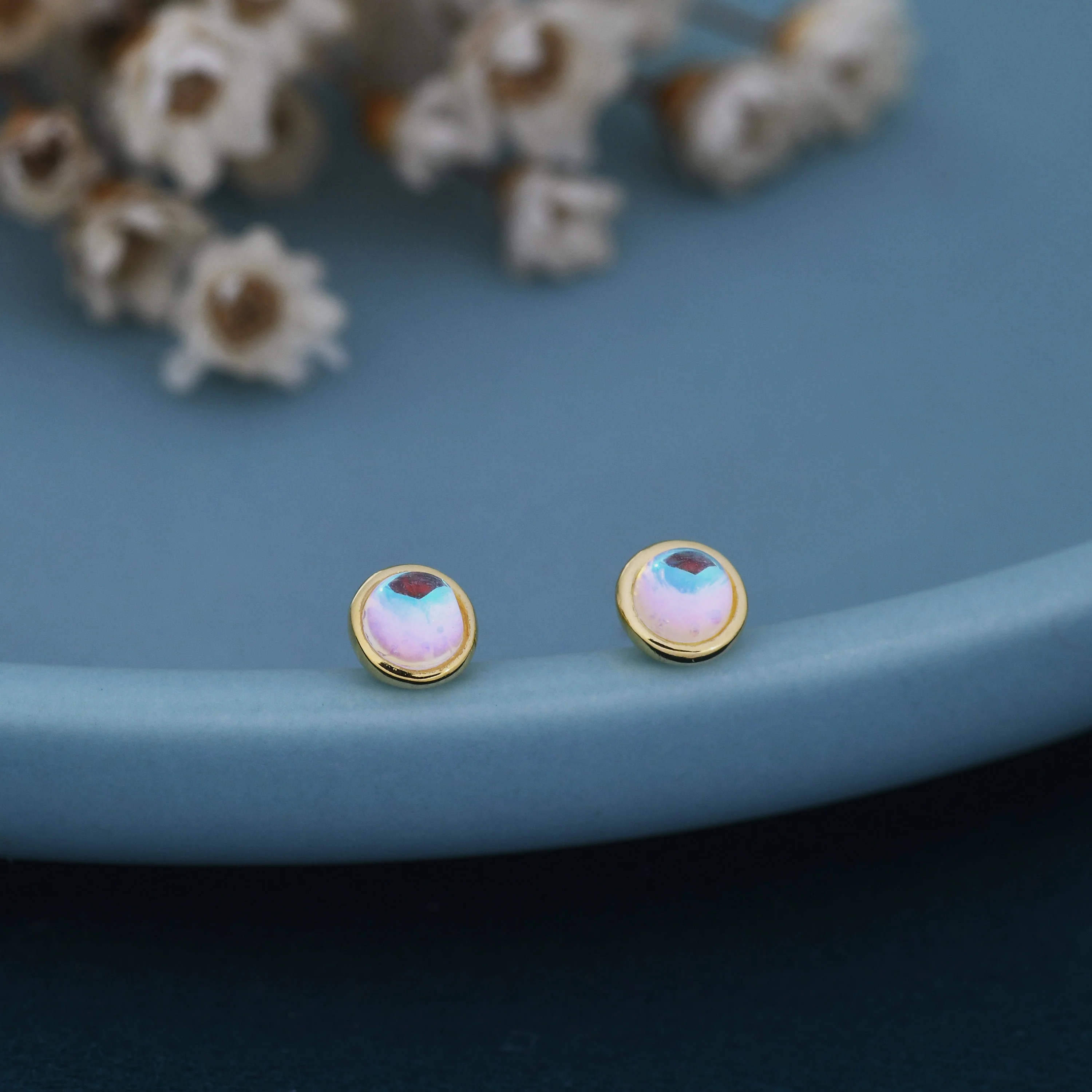 Sterling Silver Moonstone Stud Earrings, Gold or Silver, 4mm Simulated Moonstone Crystal Earrings, Minimalist - Image 4