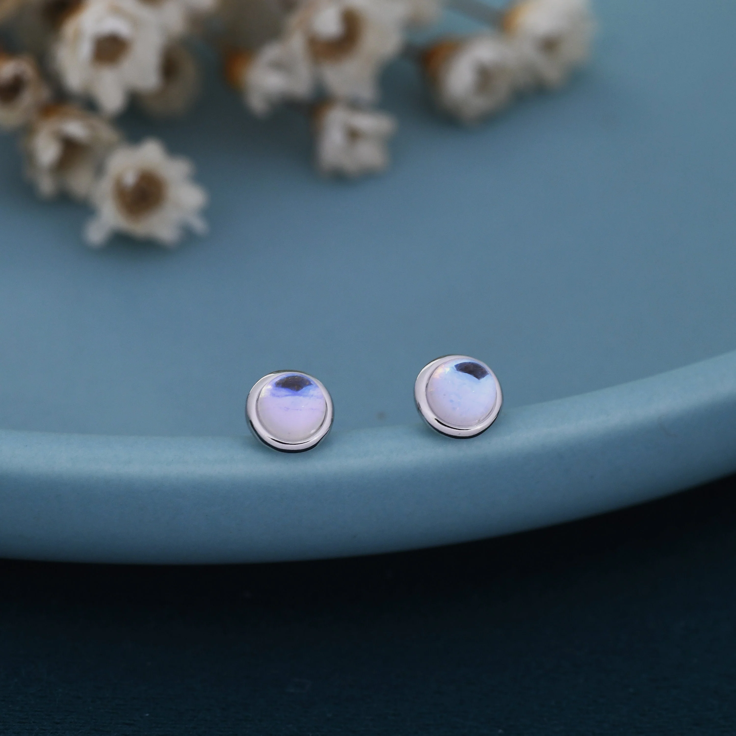 Sterling Silver Moonstone Stud Earrings, Gold or Silver, 4mm Simulated Moonstone Crystal Earrings, Minimalist - Image 5