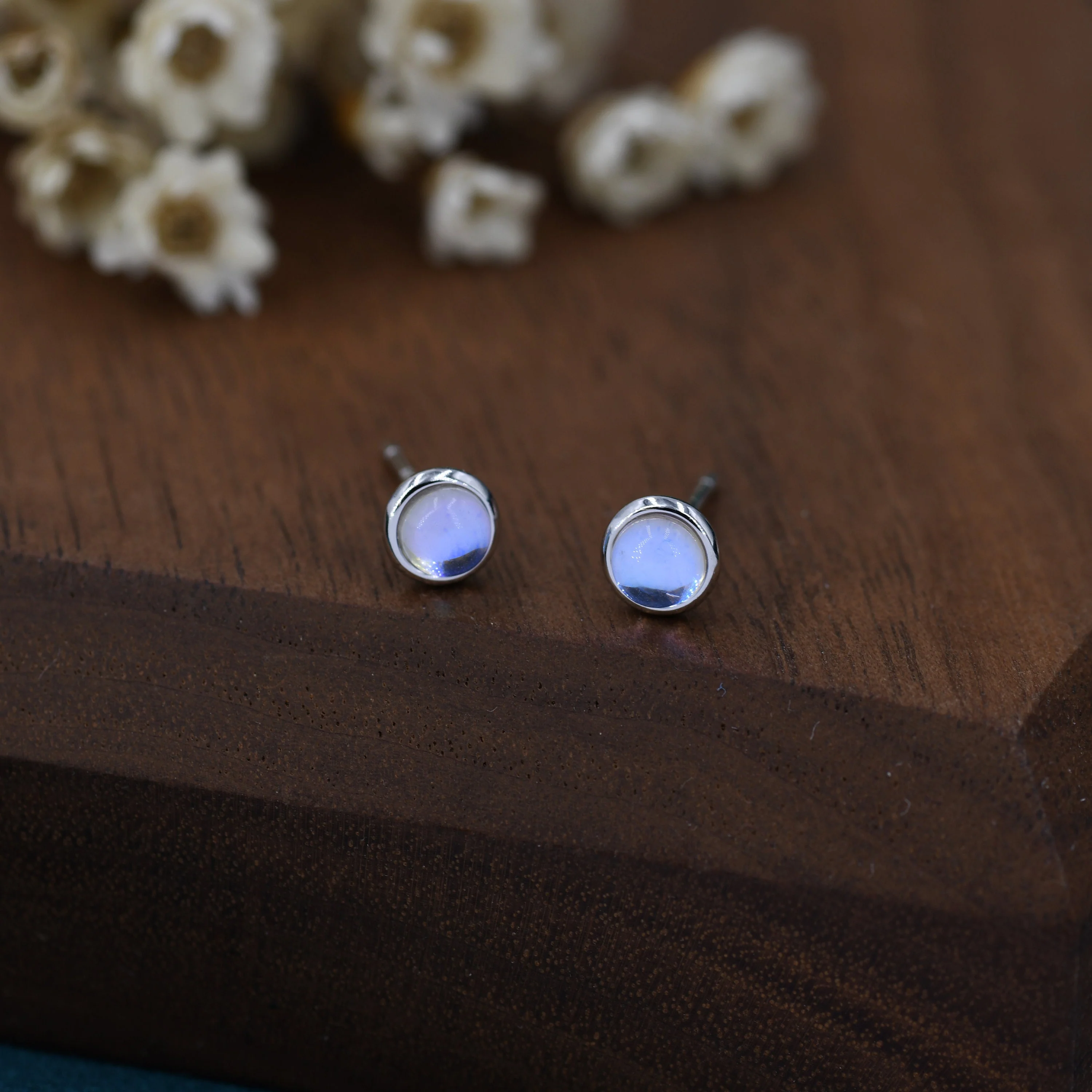 Sterling Silver Moonstone Stud Earrings, Gold or Silver, 4mm Simulated Moonstone Crystal Earrings, Minimalist - Image 6