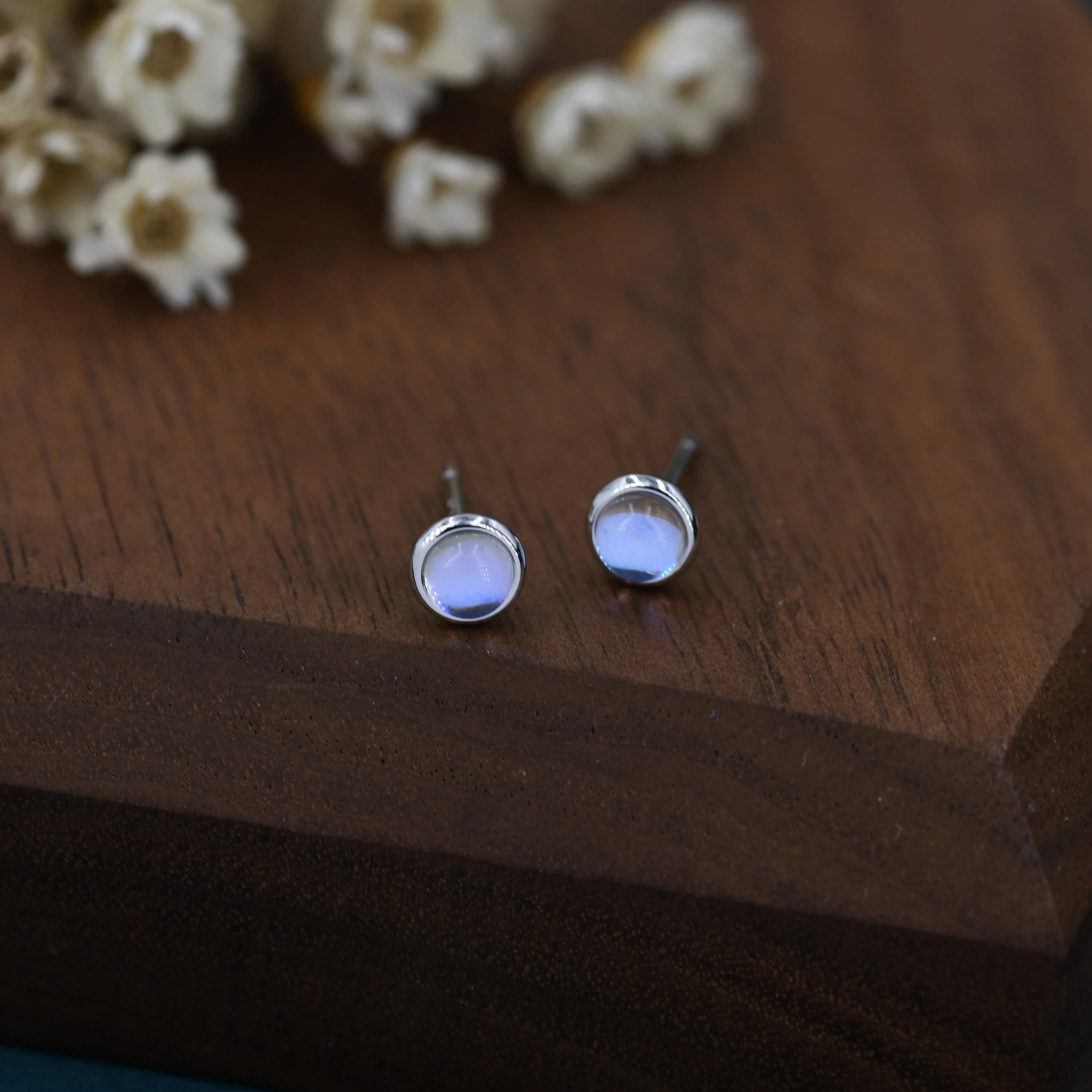 Sterling Silver Moonstone Stud Earrings, Gold or Silver, 4mm Simulated Moonstone Crystal Earrings, Minimalist - Image 7