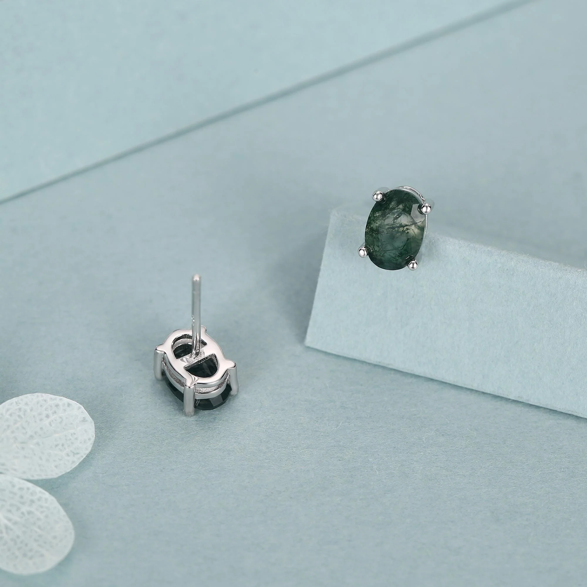 Sterling Silver Moss Agate 5x7mm Oval Stud Earrings - Image 3