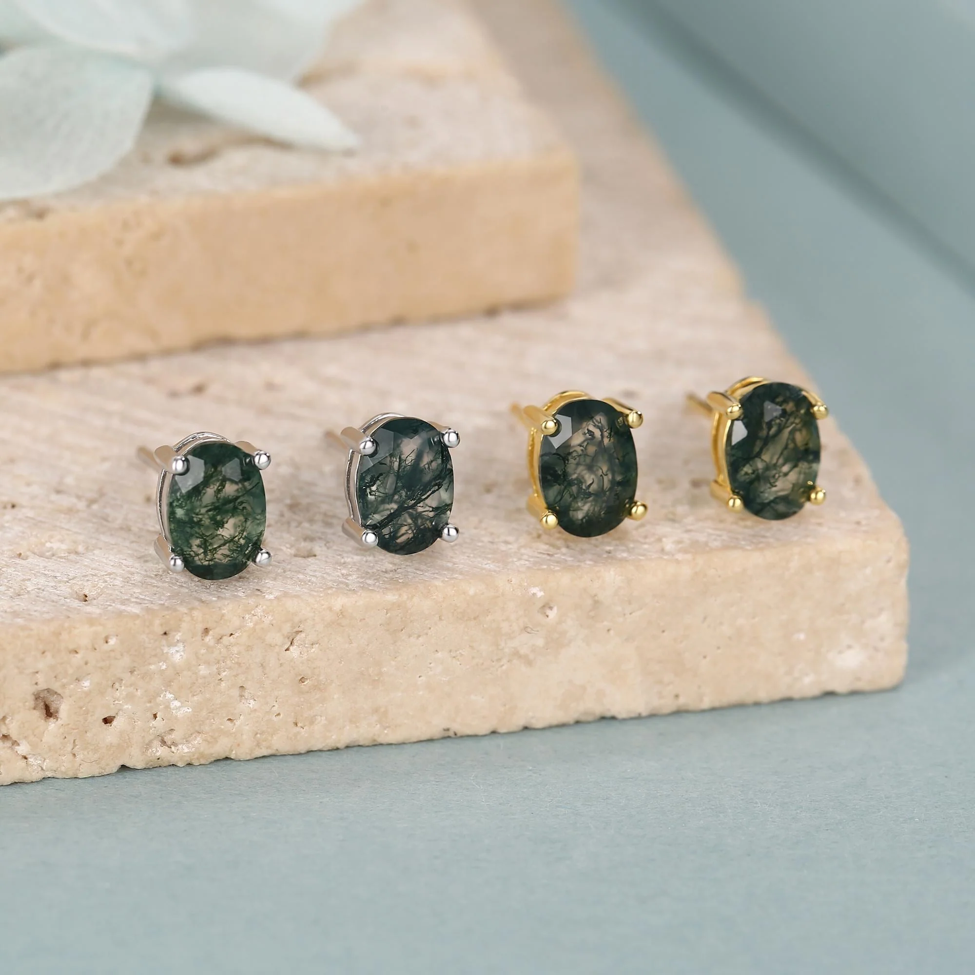 Sterling Silver Moss Agate 5x7mm Oval Stud Earrings - Image 5