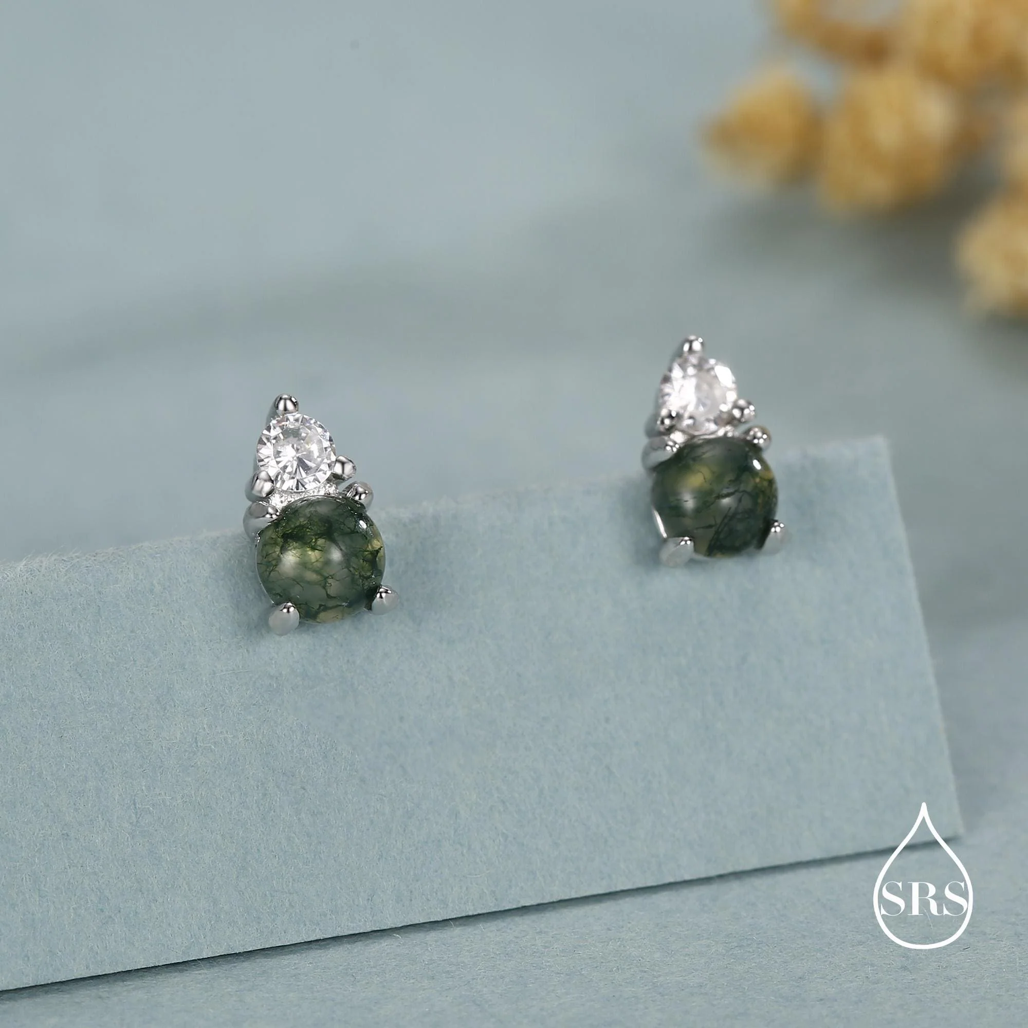 Sterling Silver Moss Agate and CZ Screw Back Stud Earrings with Ball Backs - Image 4
