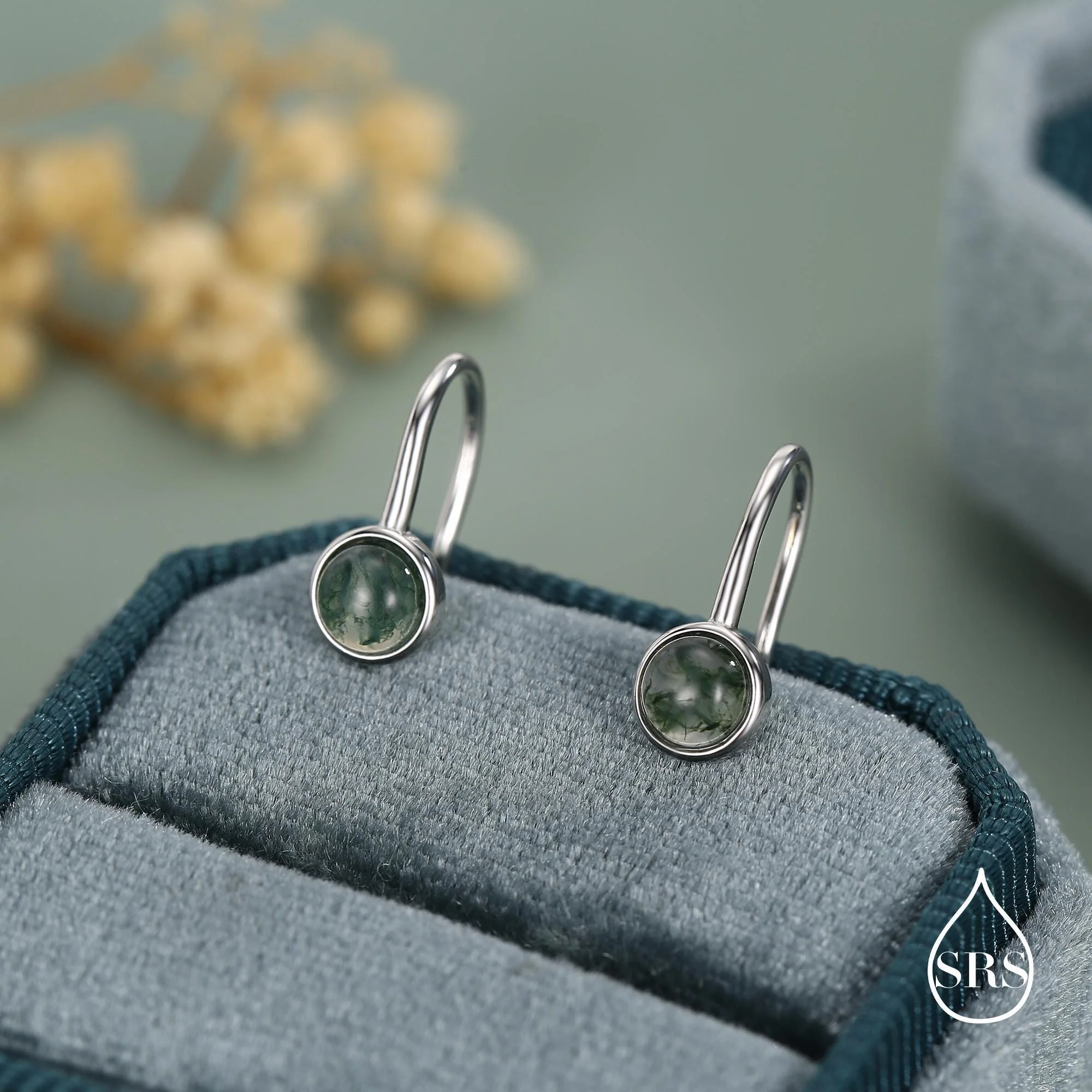 Sterling Silver Moss Agate Cabochon Drop Earrings - Image 6