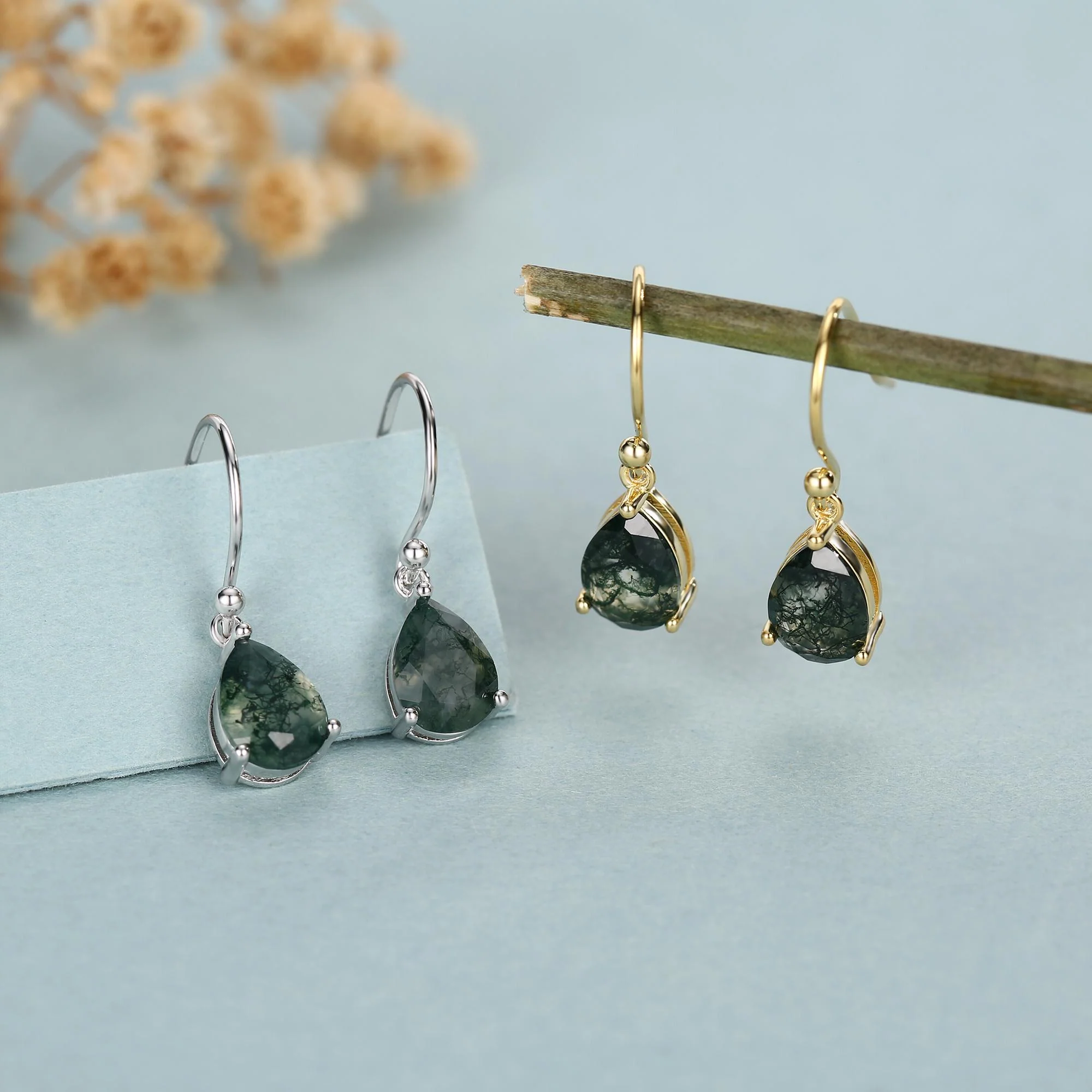 Sterling Silver Moss Agate Pear Drop Dangle Earrings - Image 3