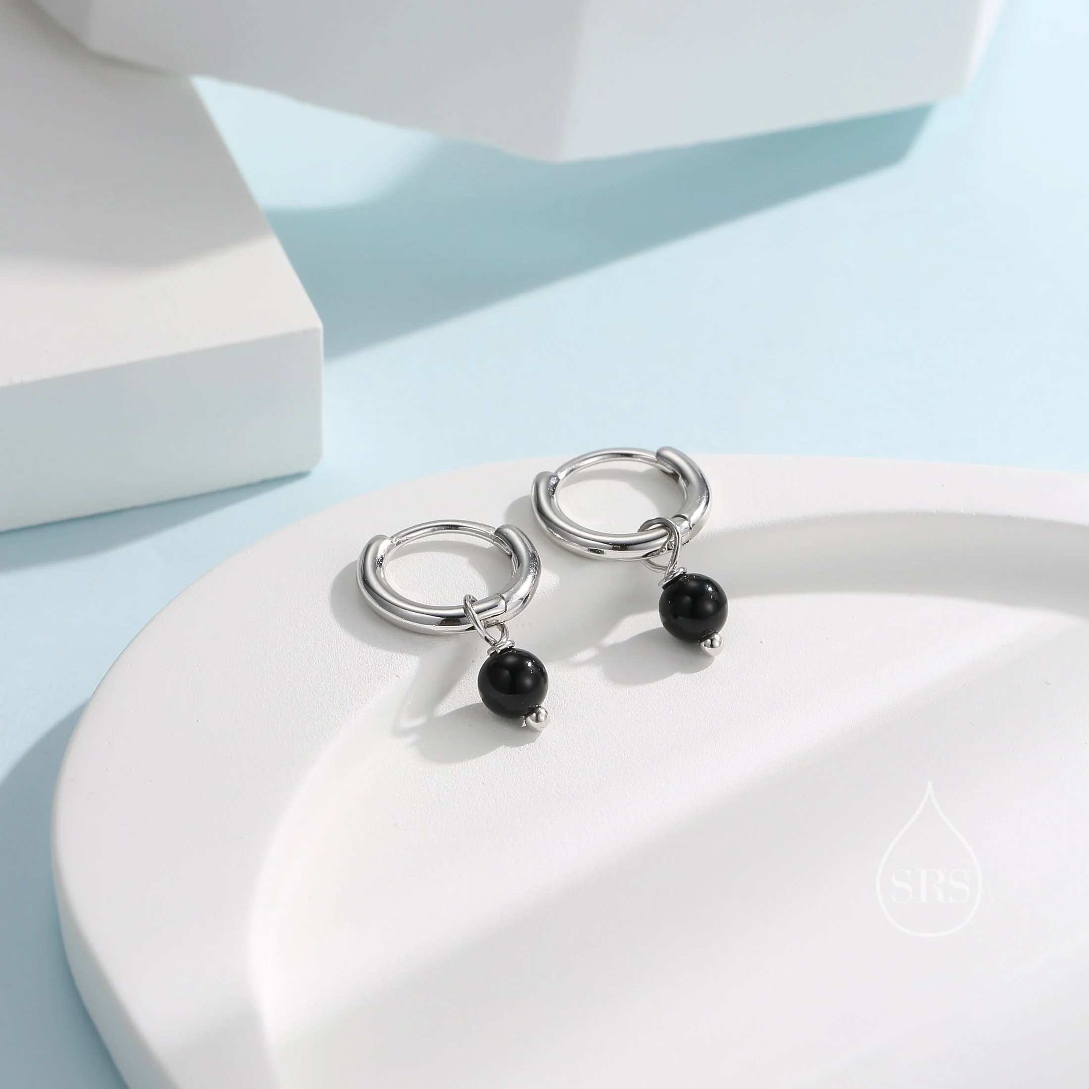 Sterling Silver Natural Black Onyx Bead Huggie Hoop Earrings,  Minimalist Black Onyx Dangle Hoop Earrings, Black Agate Hoop Earrings - Image 2