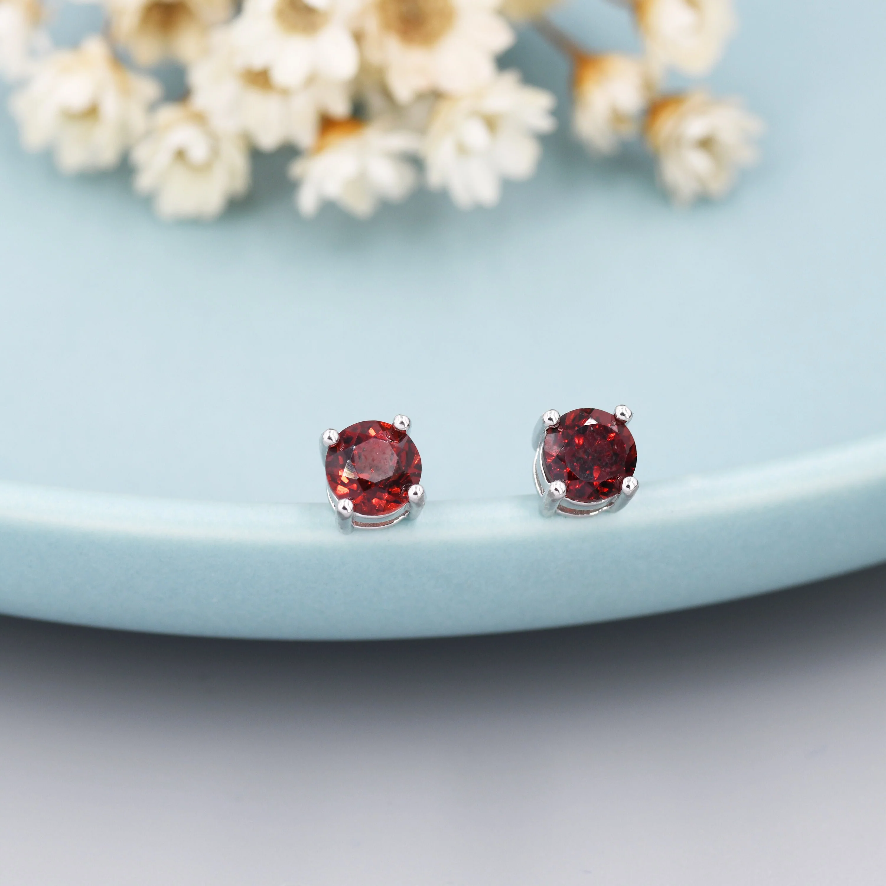 Sterling Silver Natural Garnet Stud Earrings, 5mm Prong Set, Genuine Garnet Gemstone Stud, Minimalist Style, January Birthstone - Image 4