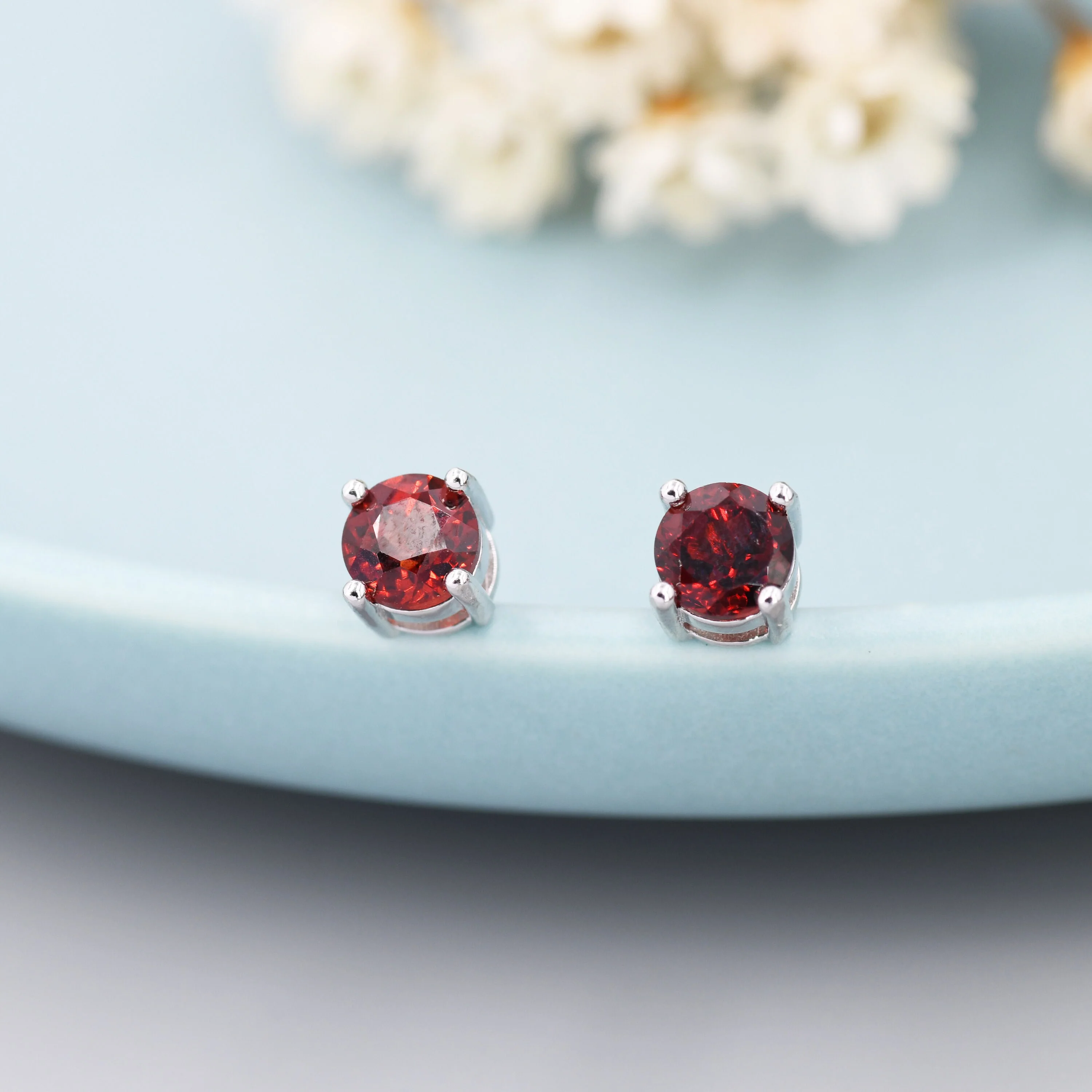 Sterling Silver Natural Garnet Stud Earrings, 5mm Prong Set, Genuine Garnet Gemstone Stud, Minimalist Style, January Birthstone - Image 6
