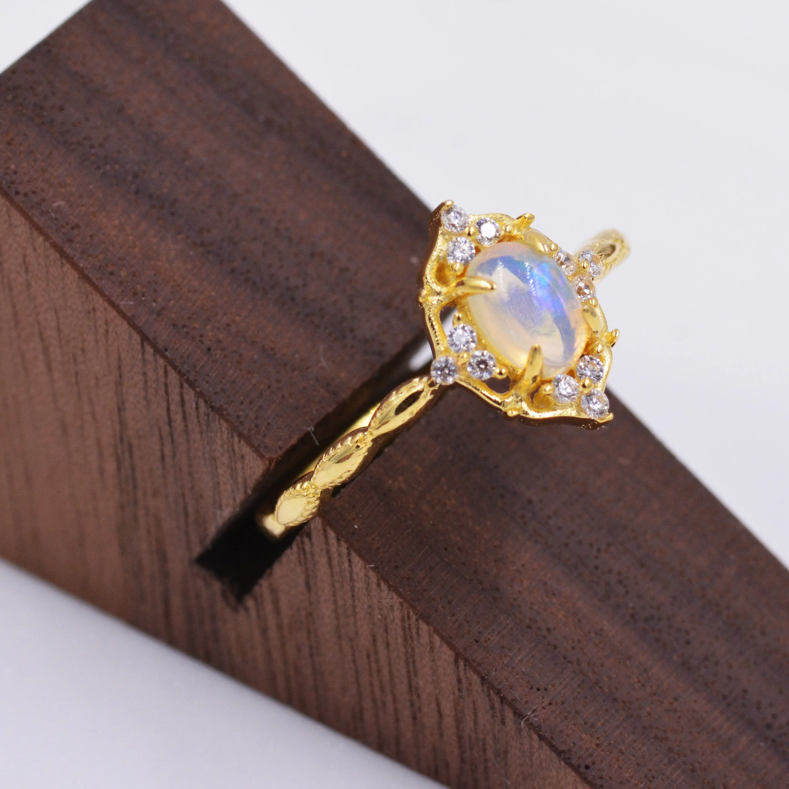 Sterling Silver Natural Genuine Opal Rings - US Size 6, 7, 8 - 18ct Gold Vermeil Finish - Vintage Inspired Design - Image 6