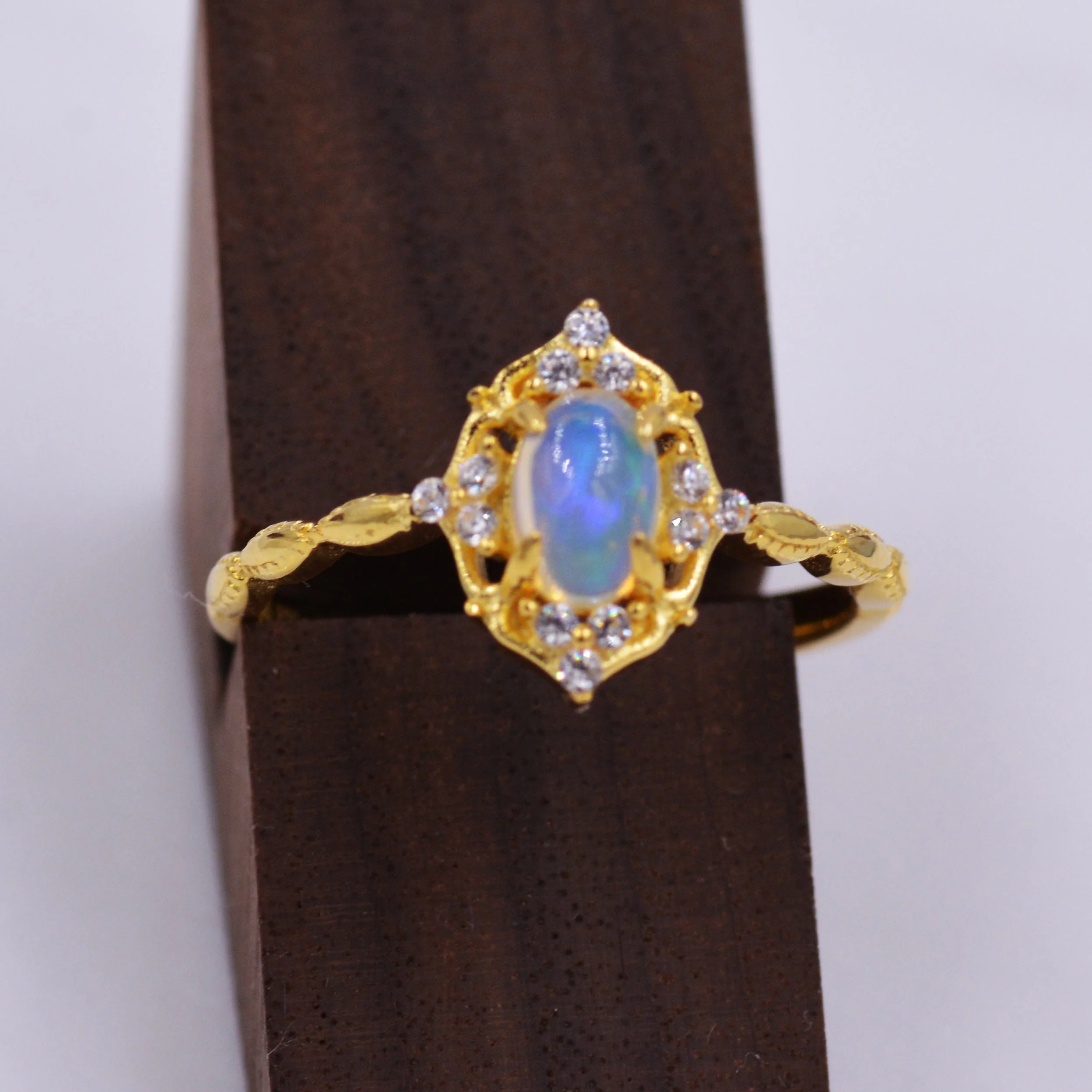 Sterling Silver Natural Genuine Opal Rings - US Size 6, 7, 8 - 18ct Gold Vermeil Finish - Vintage Inspired Design - Image 7