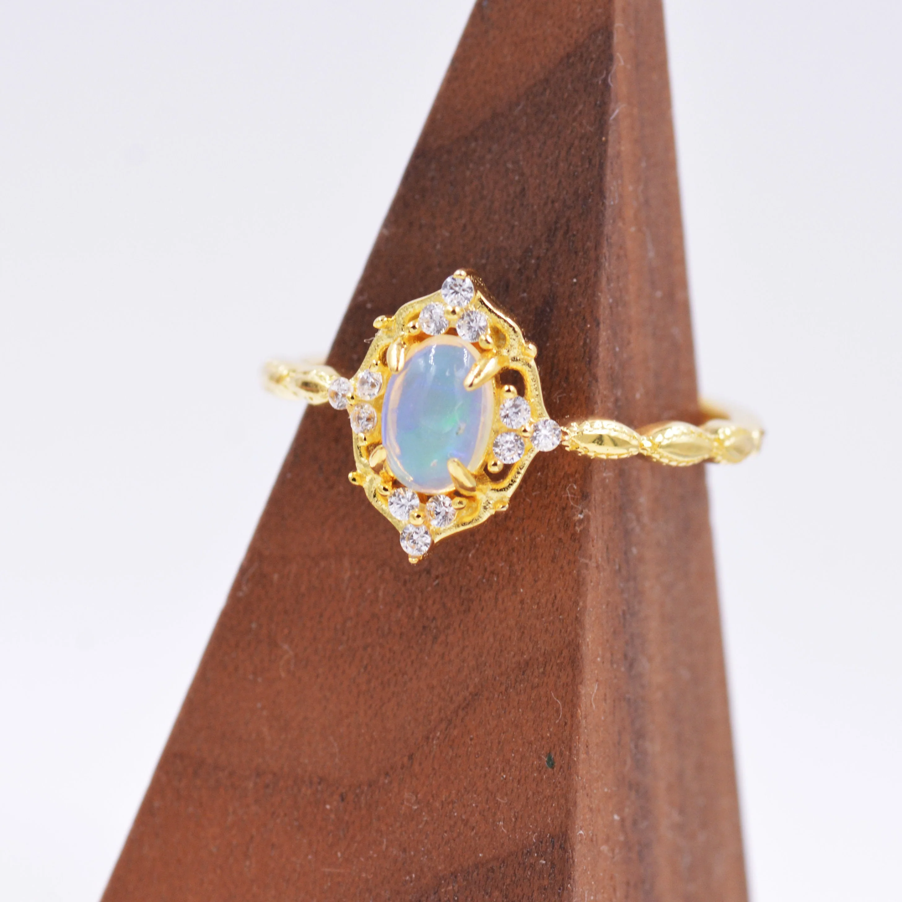 Sterling Silver Natural Genuine Opal Rings - US Size 6, 7, 8 - 18ct Gold Vermeil Finish - Vintage Inspired Design - Image 8