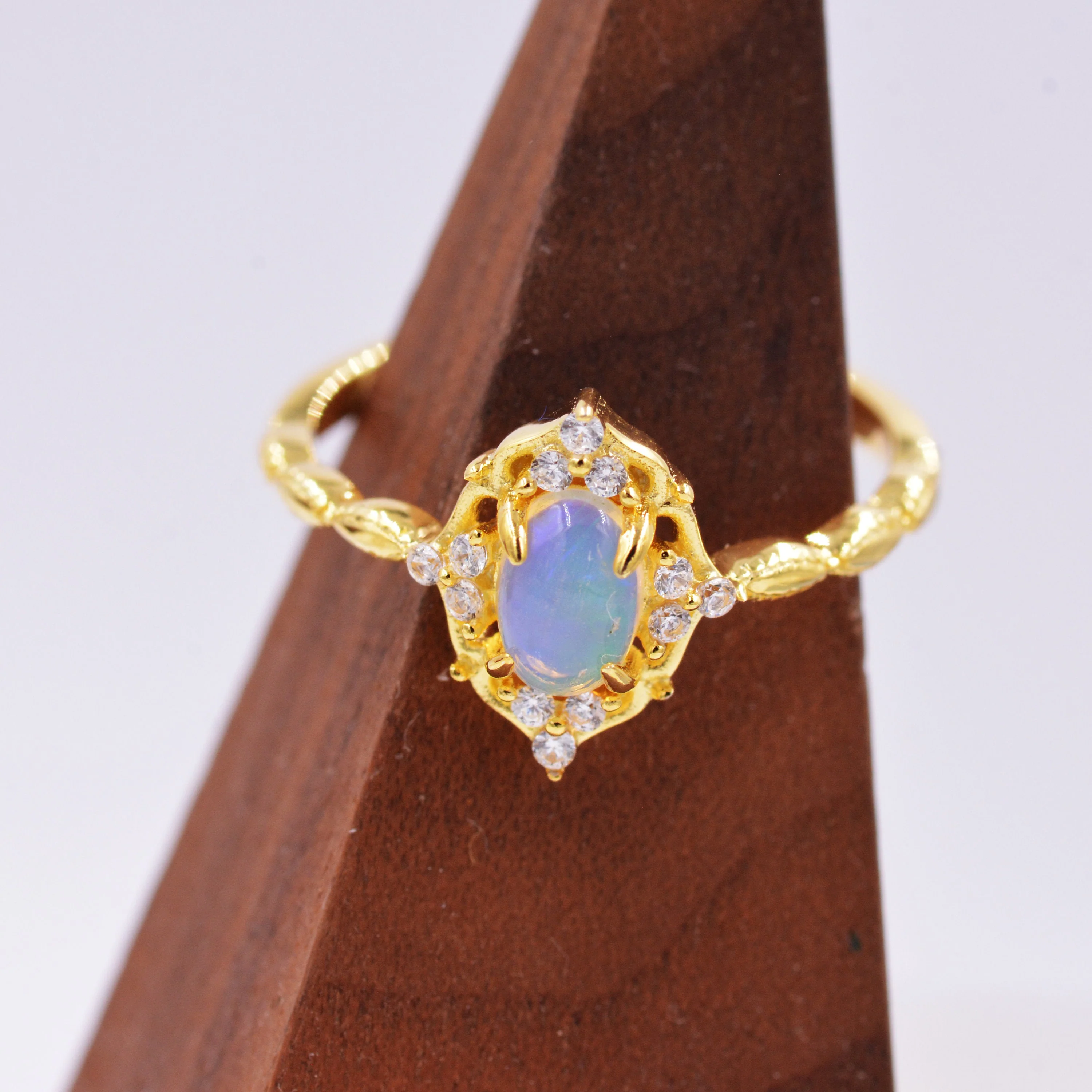 Sterling Silver Natural Genuine Opal Rings - US Size 6, 7, 8 - 18ct Gold Vermeil Finish - Vintage Inspired Design - Image 9