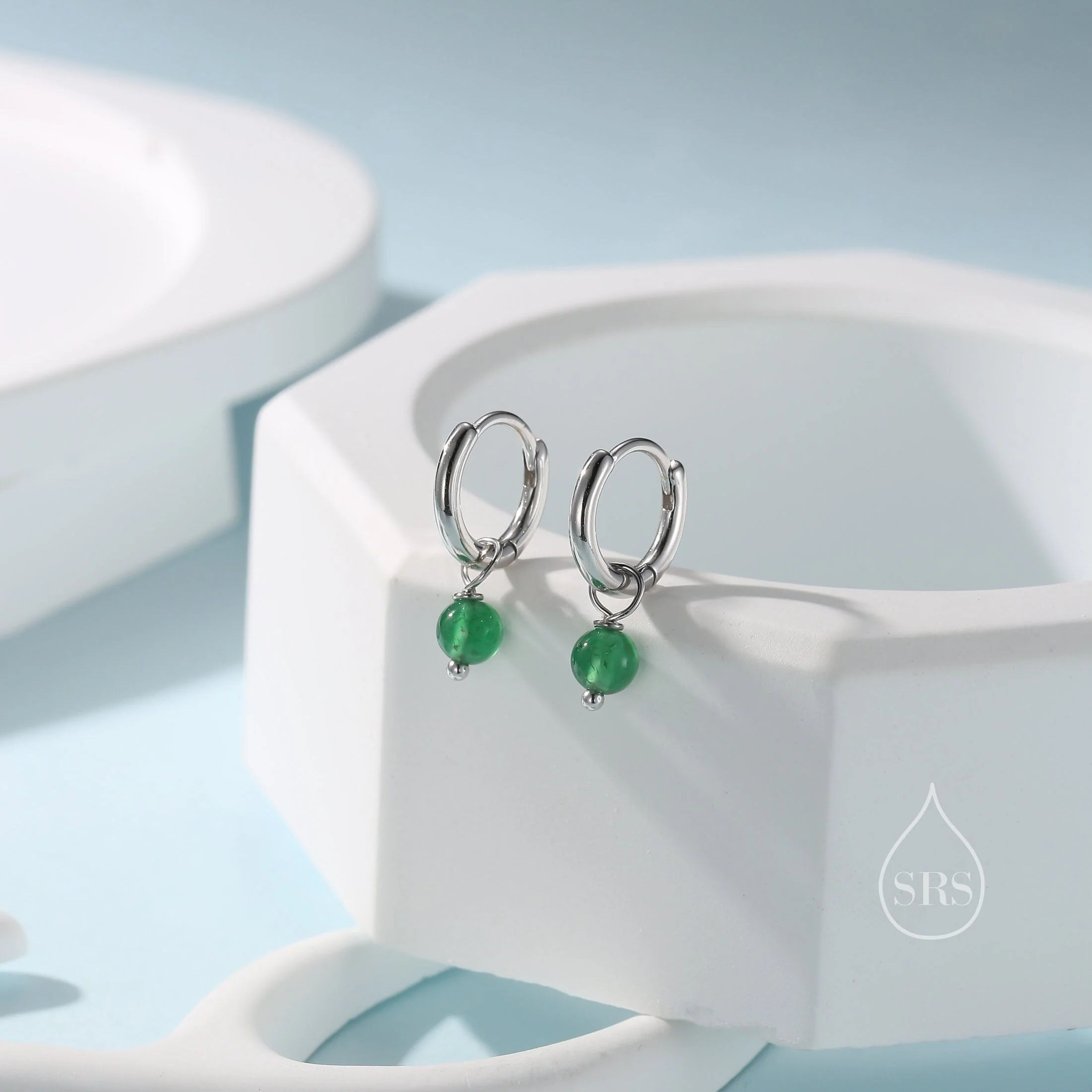 Sterling Silver Natural Green Onyx Bead Huggie Hoop Earrings, Minimalist Green Onyx Dangle Hoop Earrings, Green Chalcedony Hoop Earrings