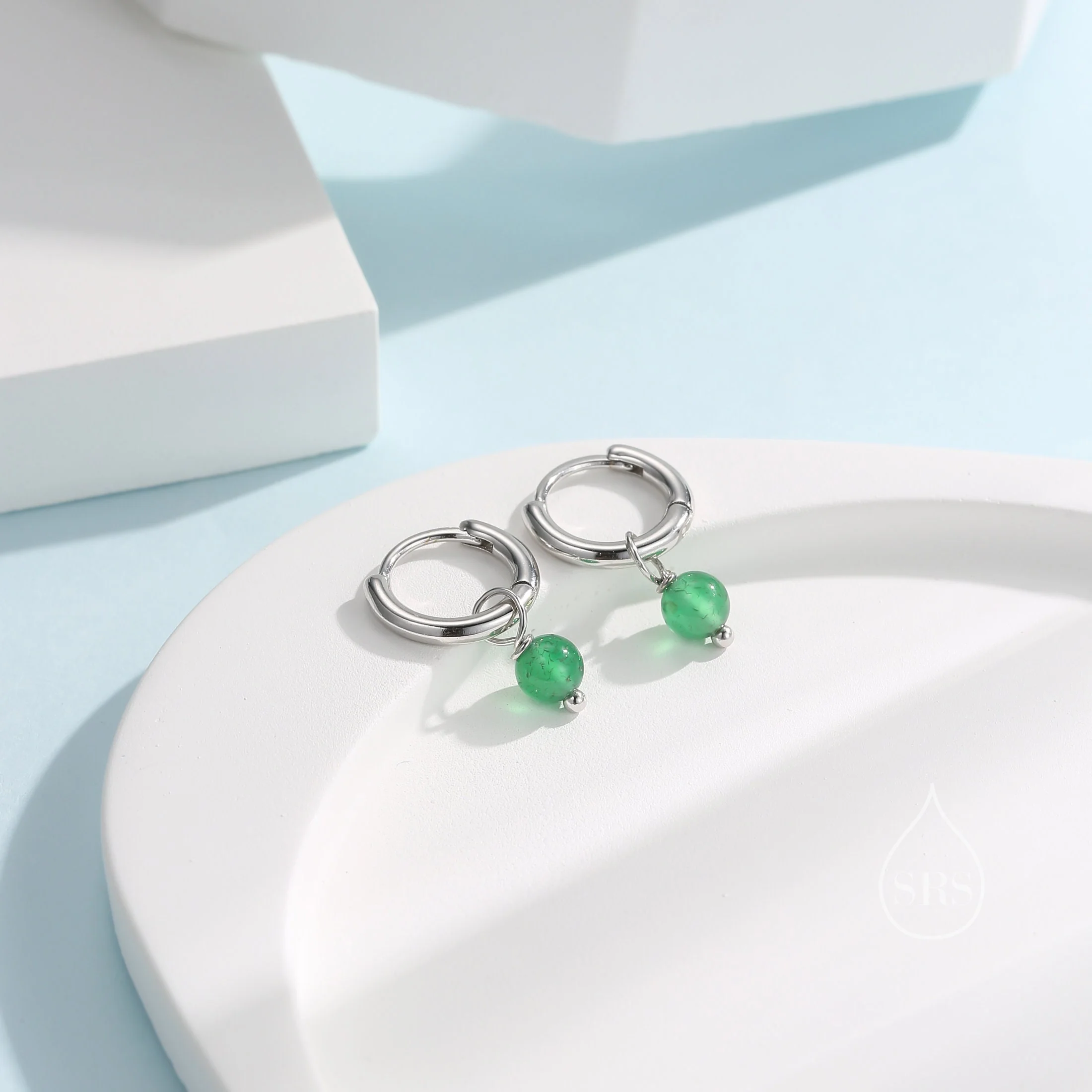 Sterling Silver Natural Green Onyx Bead Huggie Hoop Earrings, Minimalist Green Onyx Dangle Hoop Earrings, Green Chalcedony Hoop Earrings - Image 2