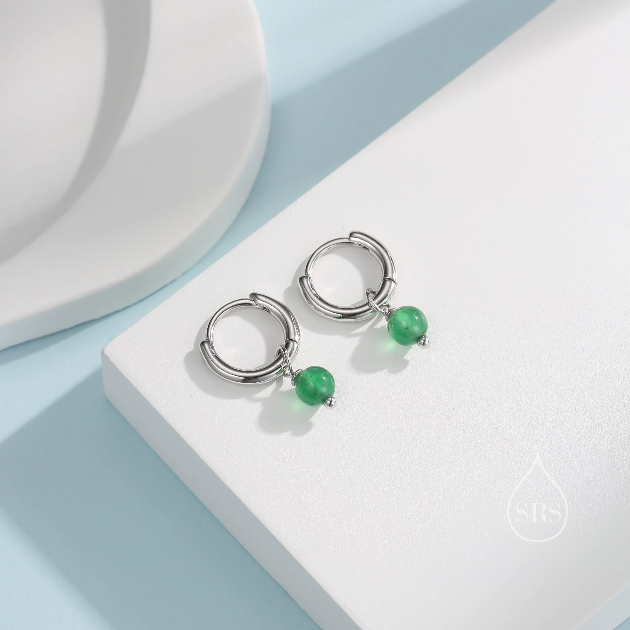 Sterling Silver Natural Green Onyx Bead Huggie Hoop Earrings, Minimalist Green Onyx Dangle Hoop Earrings, Green Chalcedony Hoop Earrings - Image 4