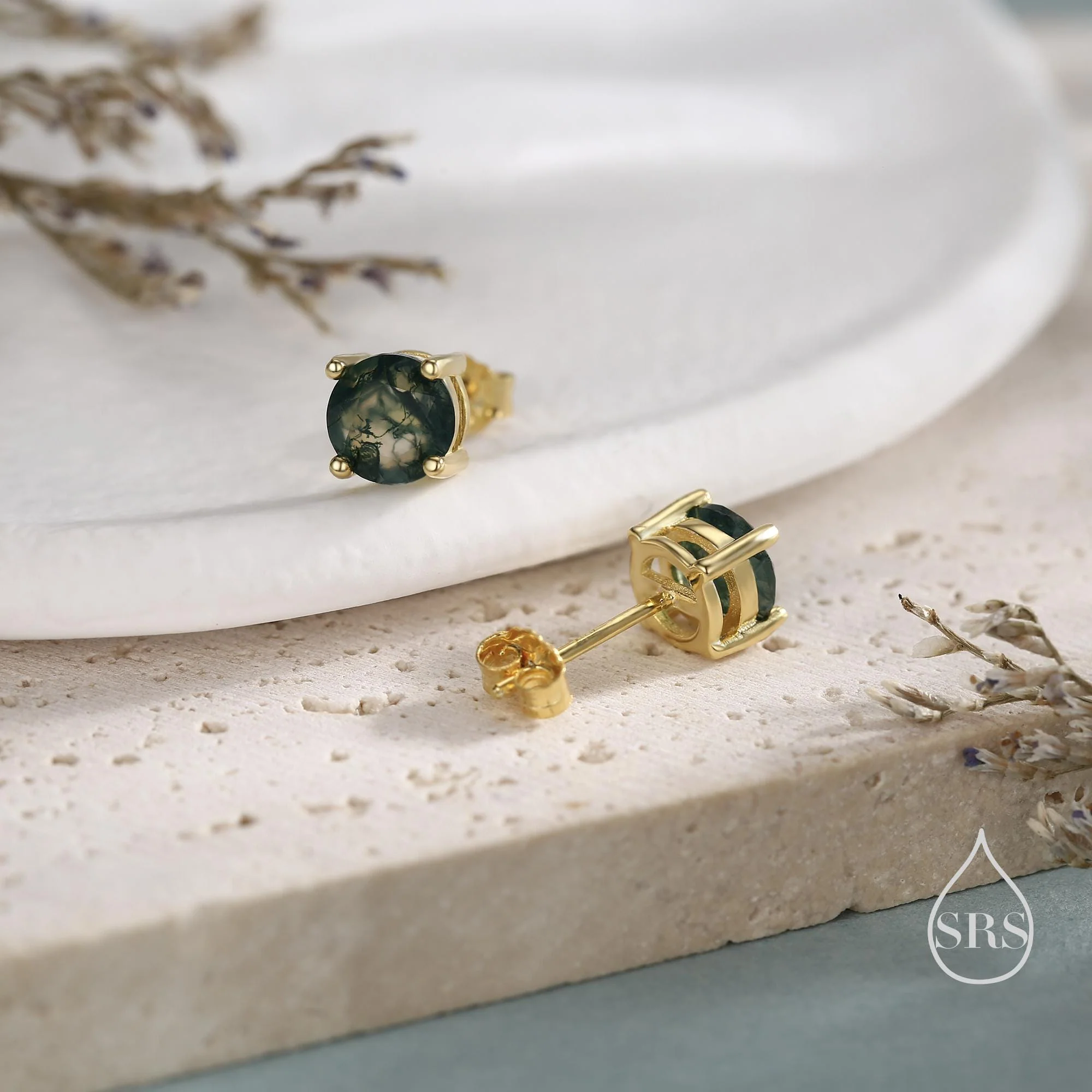 Sterling Silver Natural Moss Agate Stud Earrings, 4mm 5mm and 6mm, Genuine Moss Agate Gemstone Stud, Minimalist Style - Image 10