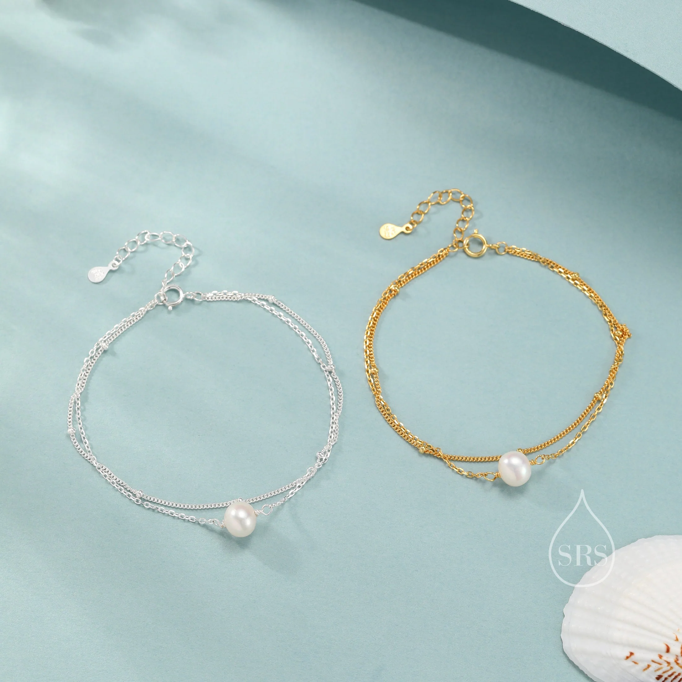 Sterling Silver Natural Pearl Double Layer Bracelet, Single Genuine Pearl Bracelet, Dainty Freshwater Pearl Bracelet, Silver or Gold - Image 5