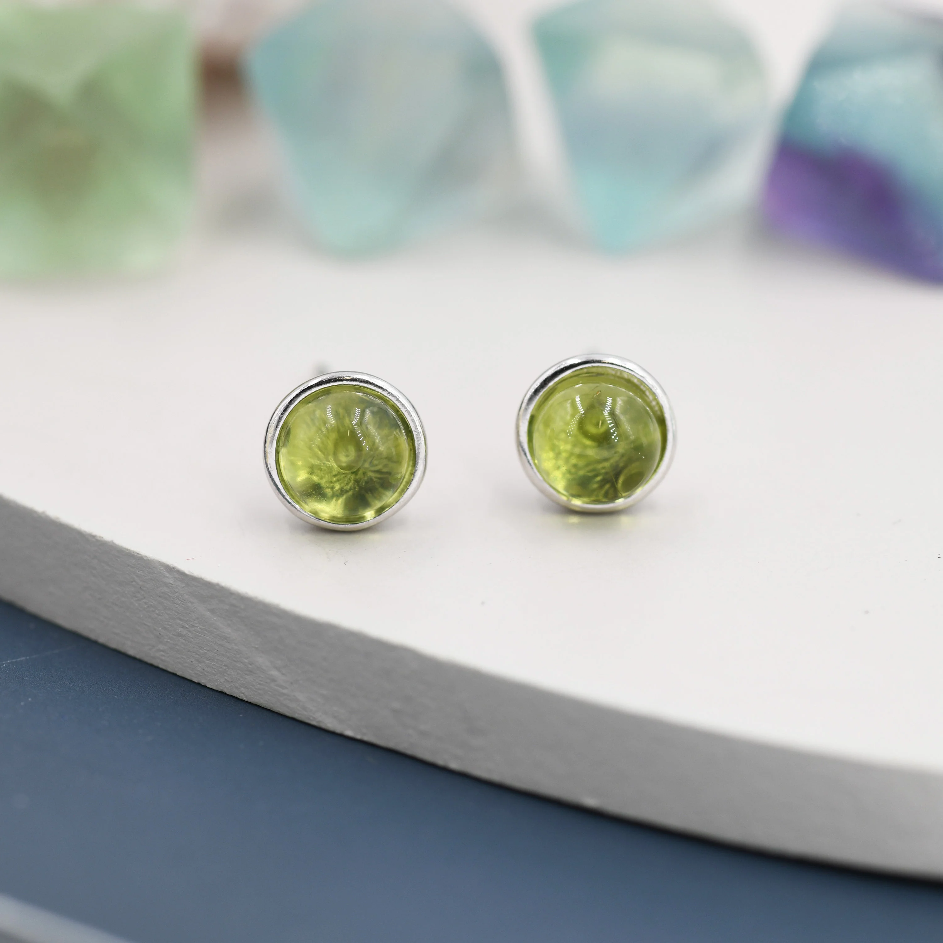 Sterling Silver Natural  Peridot Stud Earrings, 4mm or 5mm, Genuine Peridot Gemstone Stud, Bezel, Minimalist Style, August Birthstone - Image 3