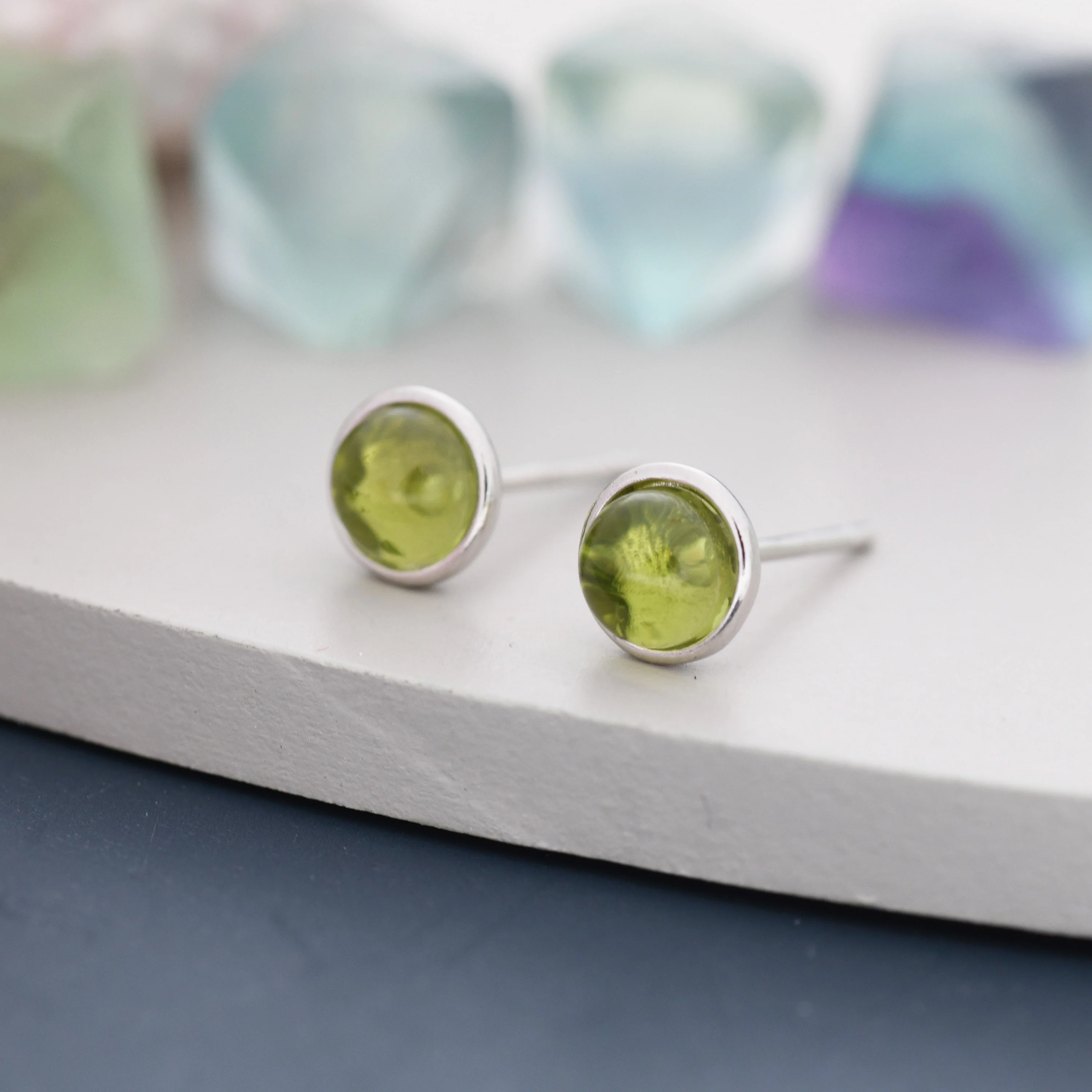 Sterling Silver Natural  Peridot Stud Earrings, 4mm or 5mm, Genuine Peridot Gemstone Stud, Bezel, Minimalist Style, August Birthstone - Image 6