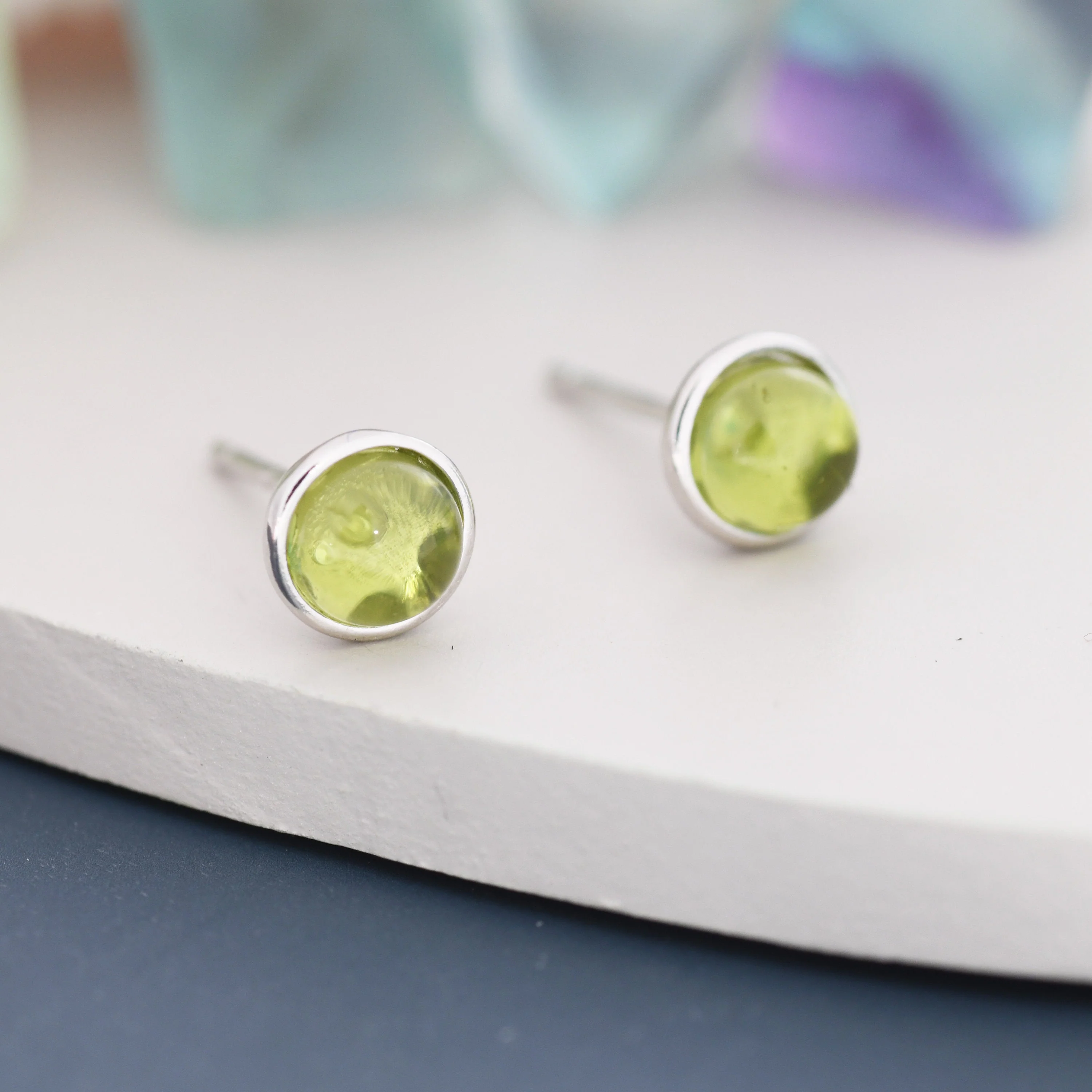 Sterling Silver Natural  Peridot Stud Earrings, 4mm or 5mm, Genuine Peridot Gemstone Stud, Bezel, Minimalist Style, August Birthstone - Image 7