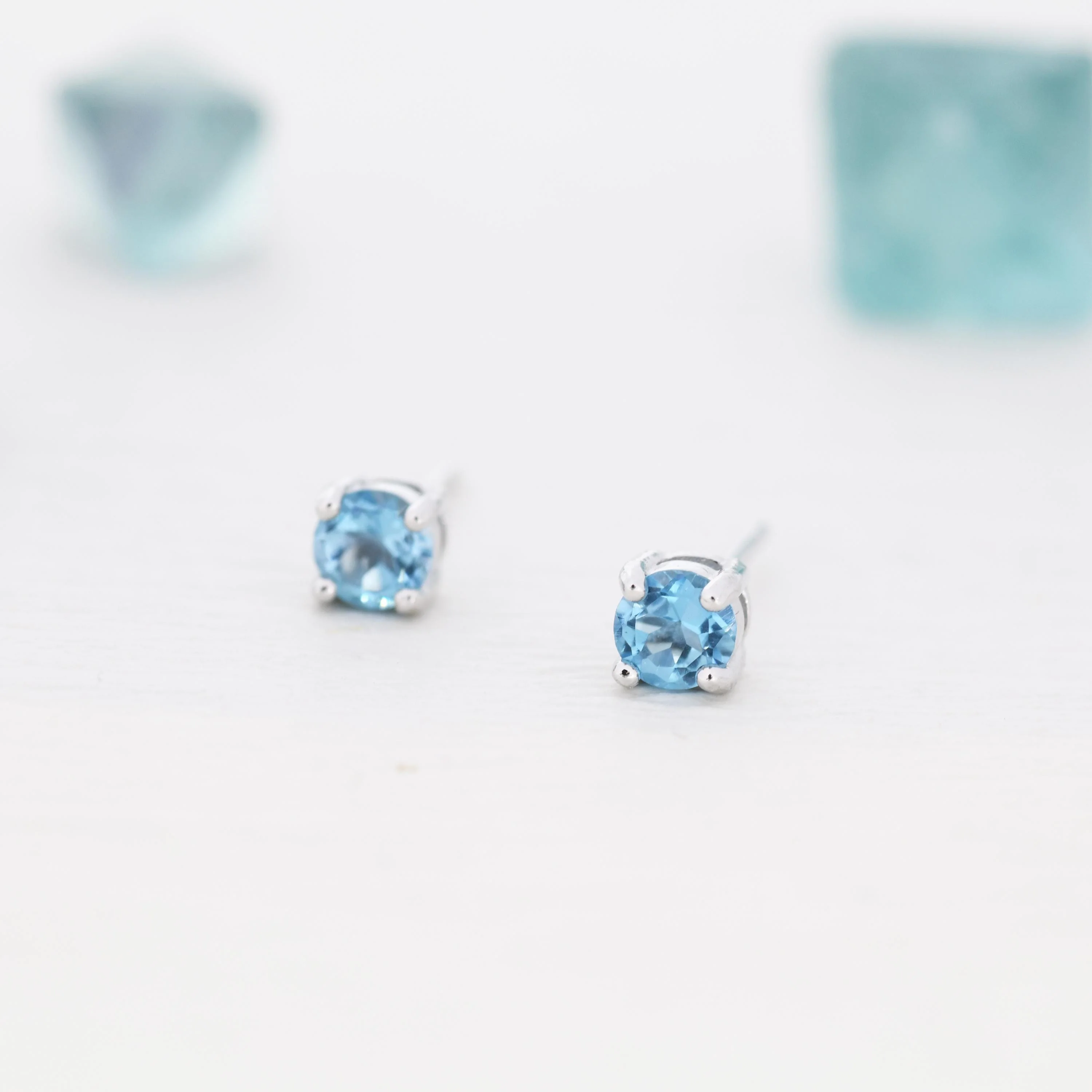 Sterling Silver Natural Topaz Stud Earrings, 4mm Prong Set, Genuine Blue Topaz Gemstone Stud, Minimalist Style, - Image 2