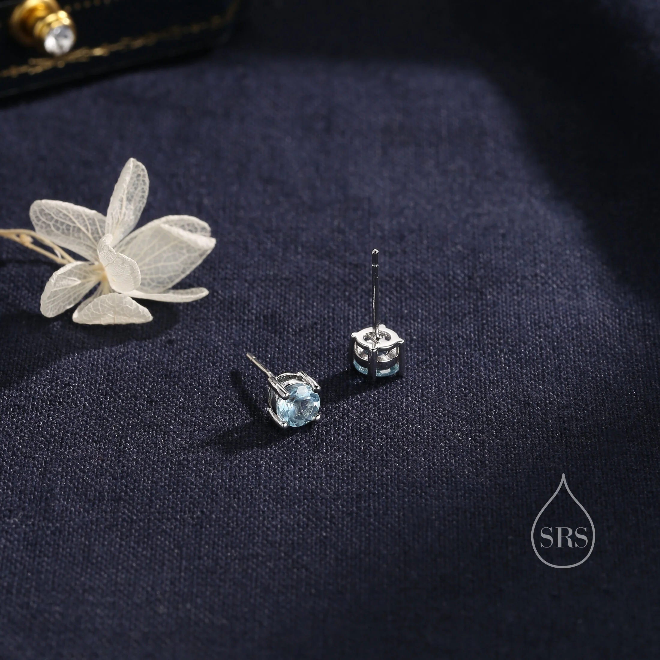Sterling Silver Natural Topaz Stud Earrings, 4mm or 5mm Prong Set, Genuine Blue Topaz Gemstone Stud, Minimalist Style, - Image 6