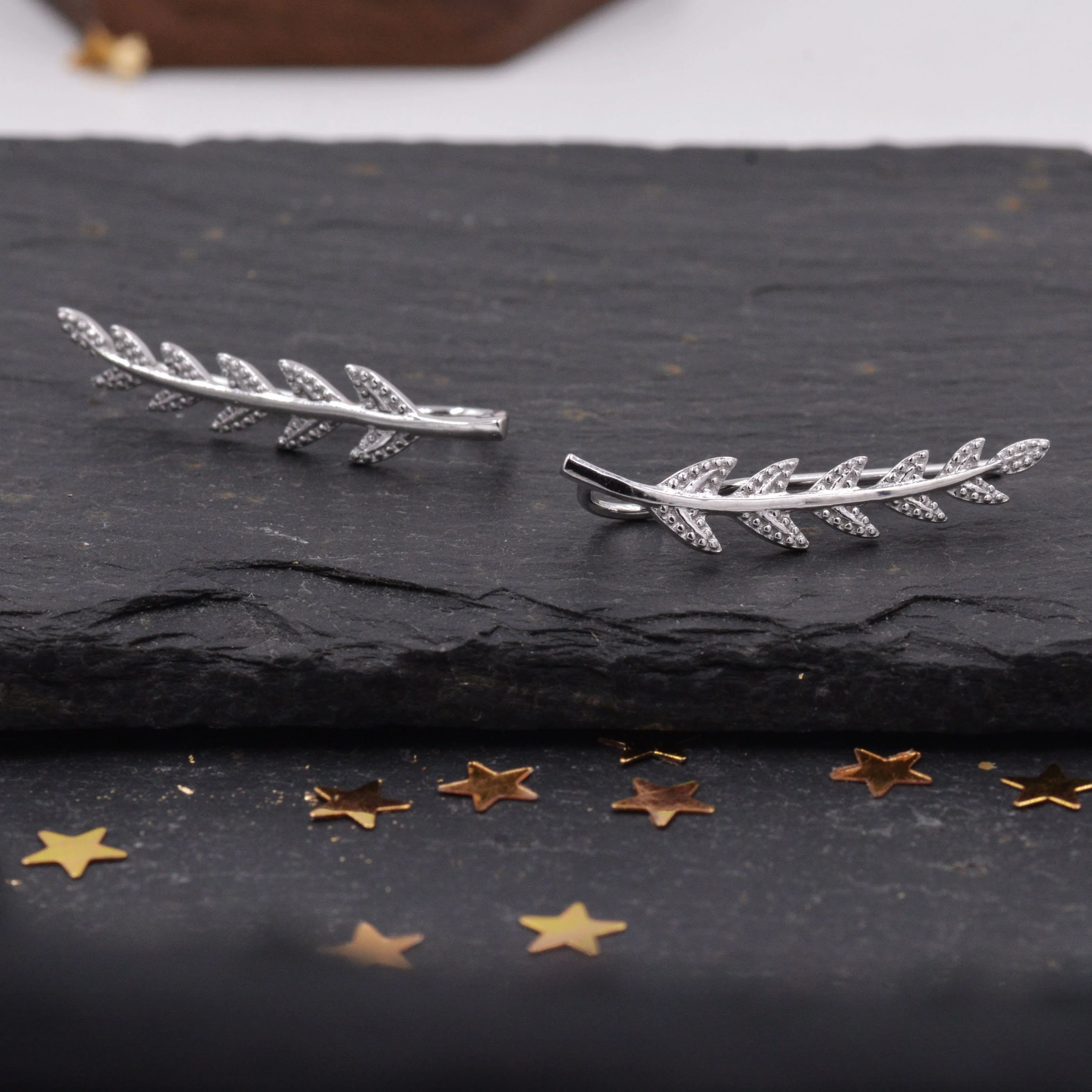 Sterling Silver Olive Leaf on Branch Ear Climber, Nature Inspired Jewellery, Pretty and Delicate Ear Crawlers J21 - Image 3