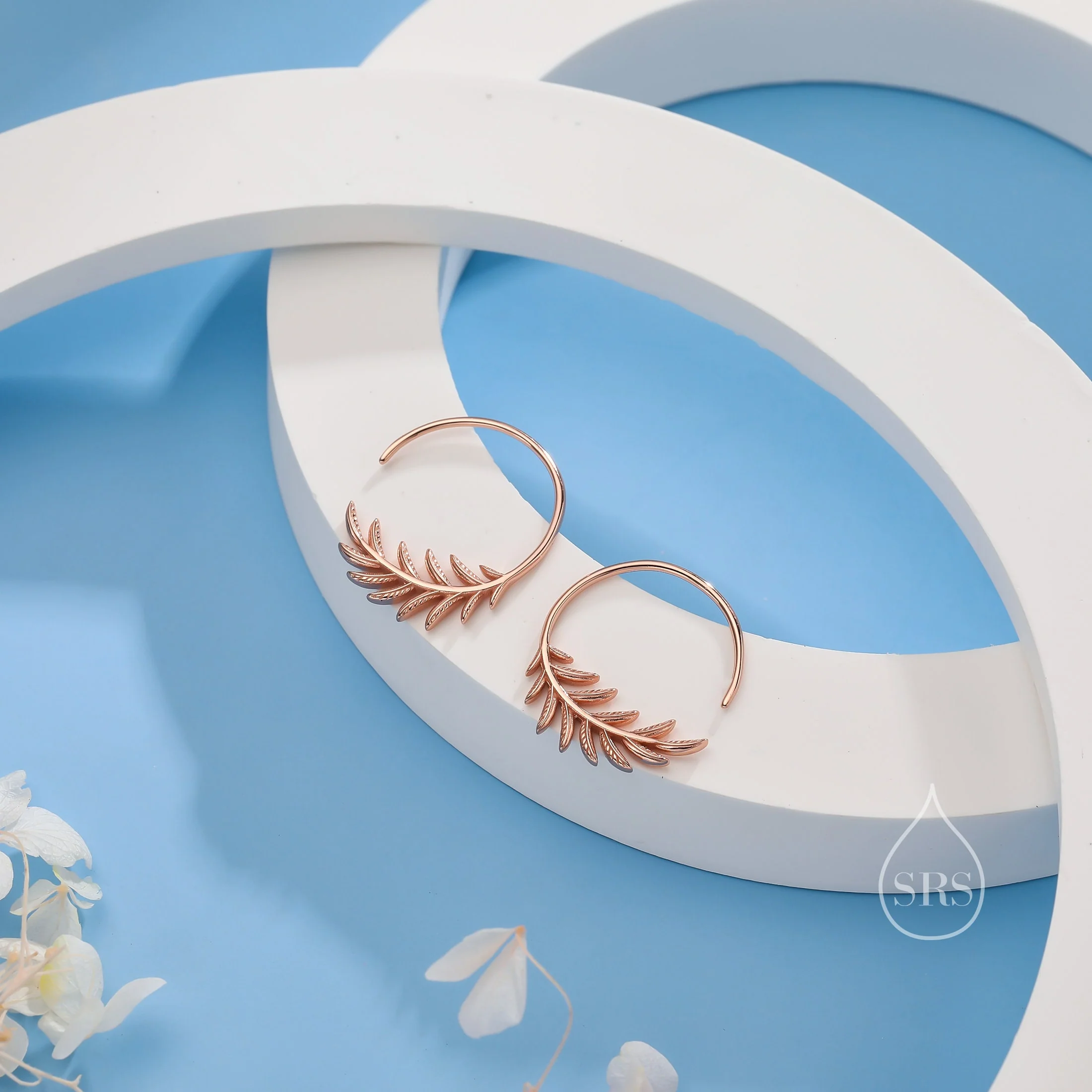 Sterling Silver Olive Leaf Open Hoops, Dainty Leaf Large Threader Hoops, Olive Branch Thread Through Hoops, Large Leaf Hoops - Image 4