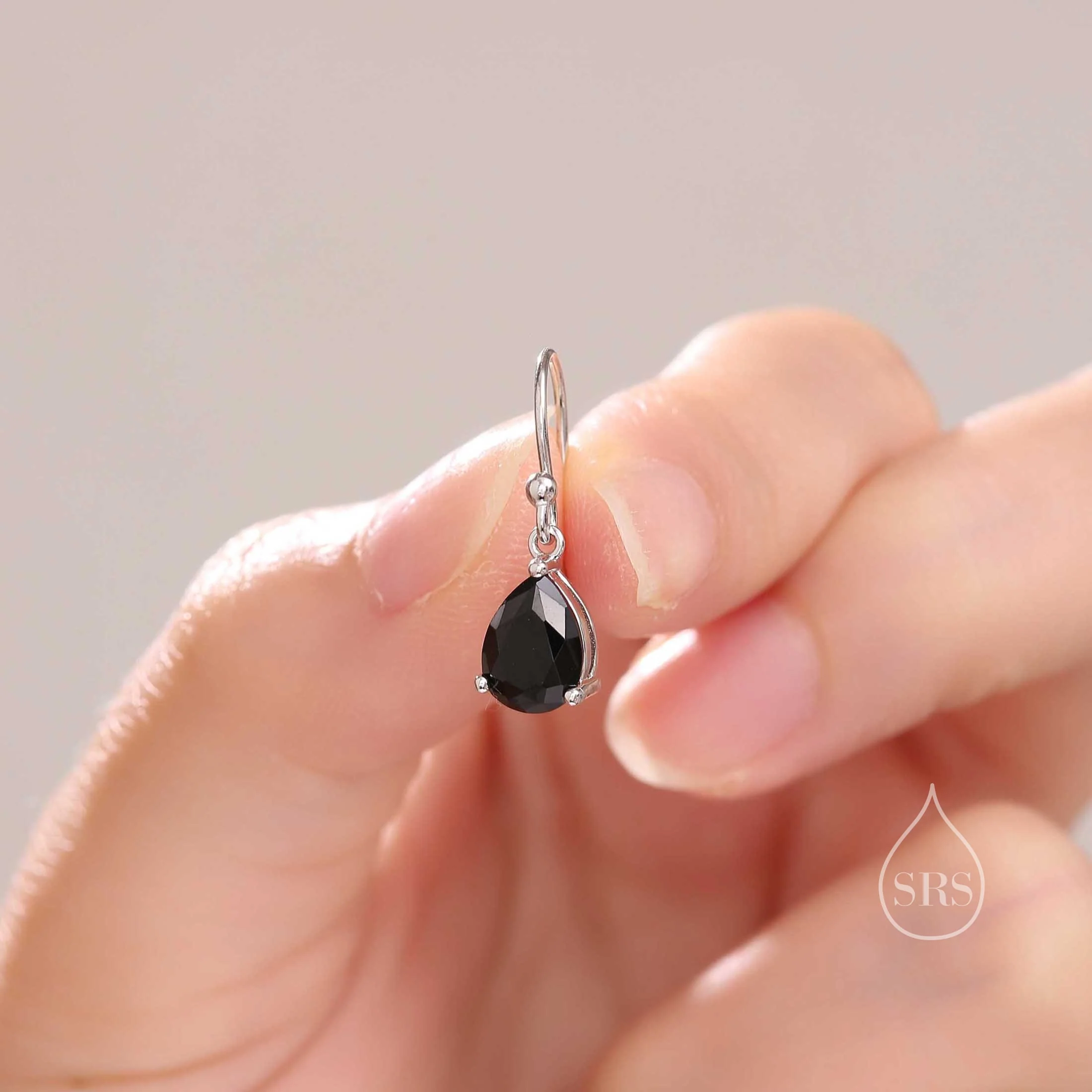 Sterling Silver Onyx Black CZ Droplet Drop Earrings in Sterling Silver, Silver or Gold, Pear Shape Hook Earrings - Image 2