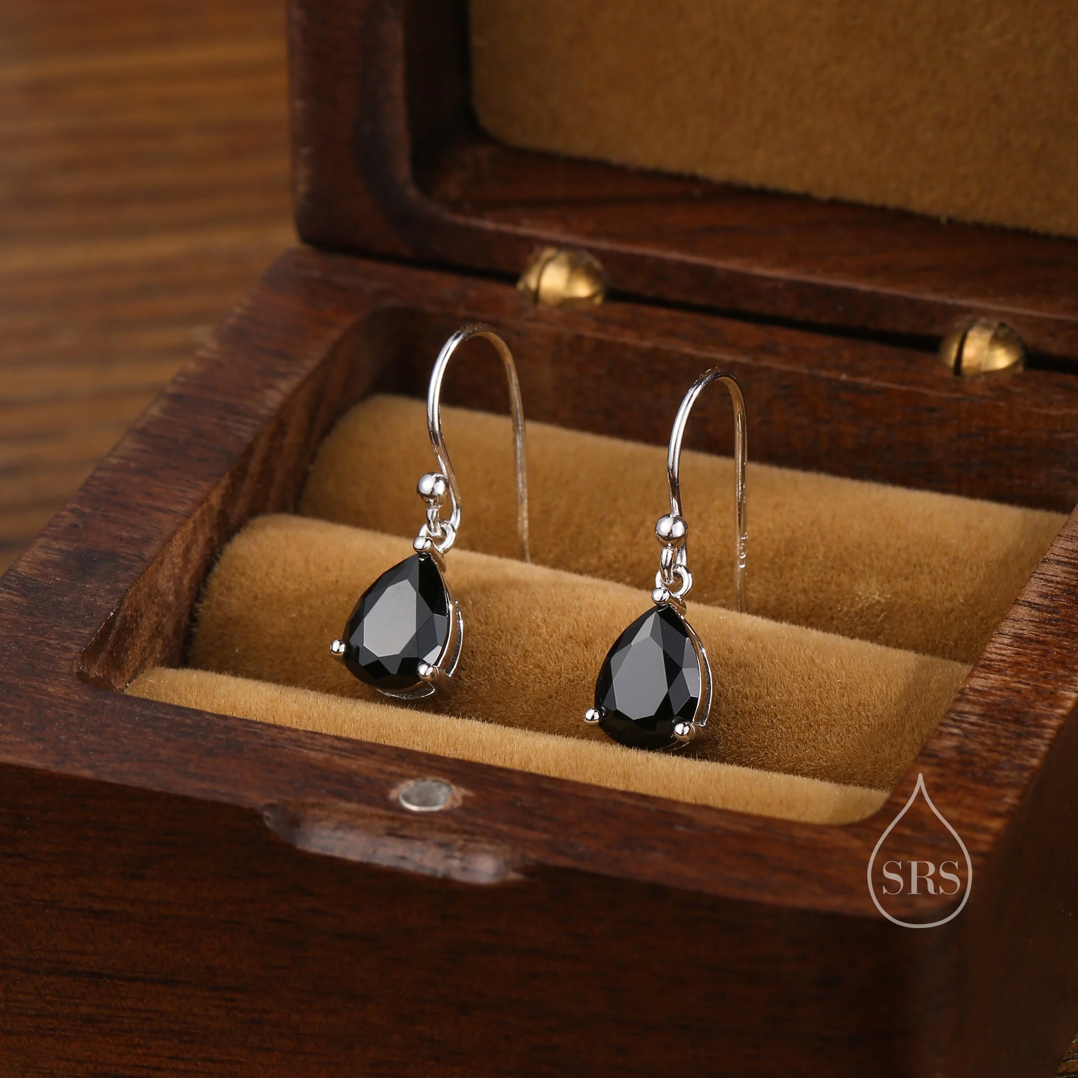 Sterling Silver Onyx Black CZ Droplet Drop Earrings in Sterling Silver, Silver or Gold, Pear Shape Hook Earrings - Image 3