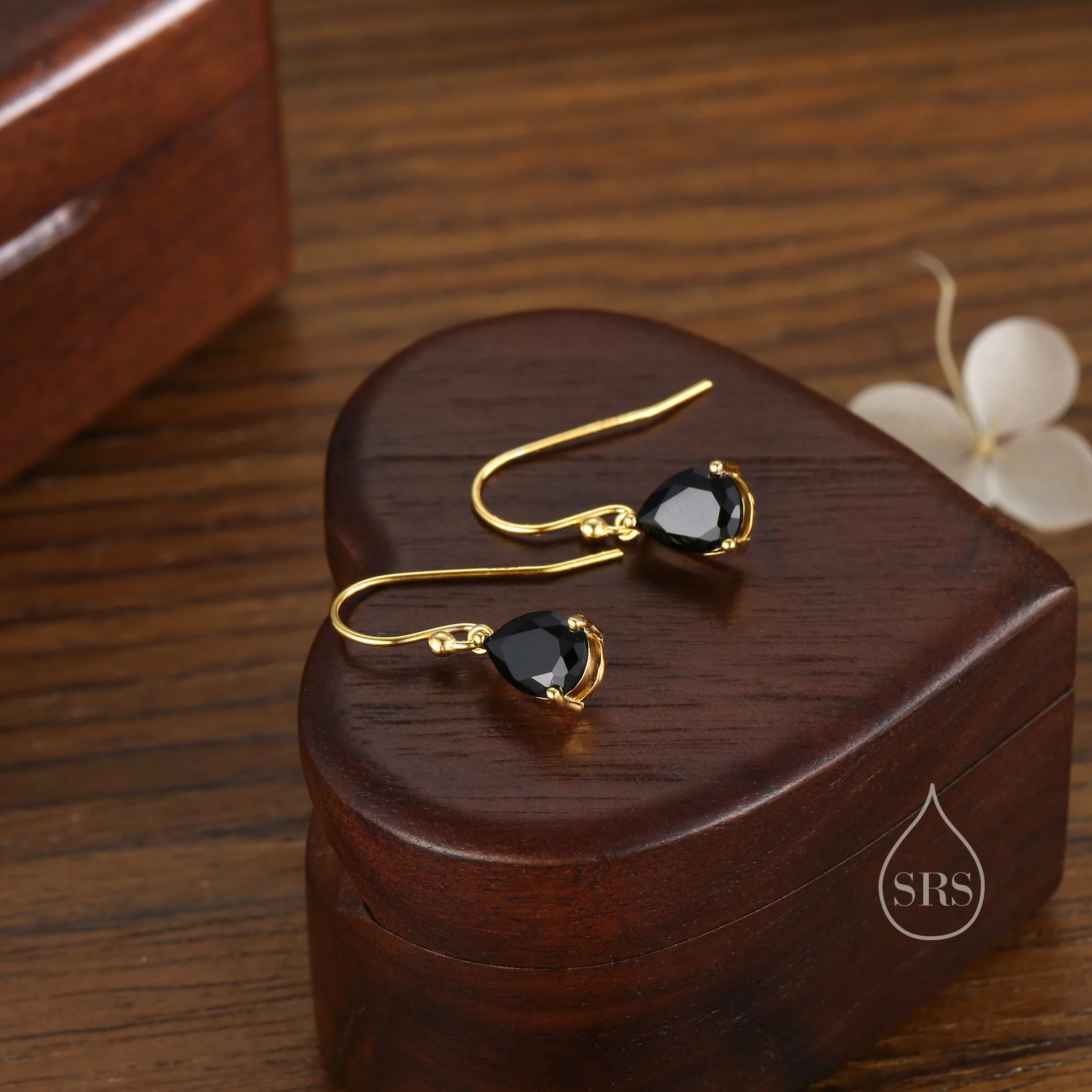 Sterling Silver Onyx Black CZ Droplet Drop Earrings in Sterling Silver, Silver or Gold, Pear Shape Hook Earrings - Image 4